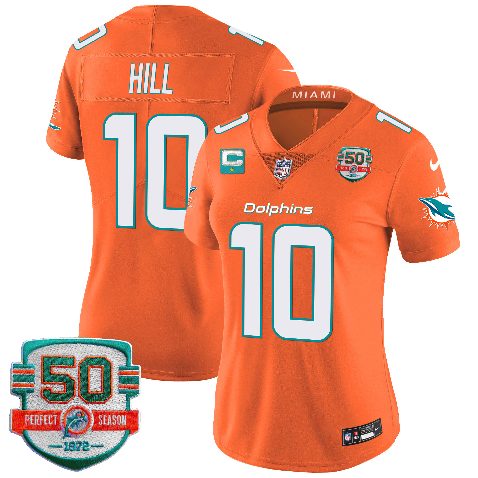 Tyreek Hill Women's Miami Dolphins 50th 1972 Perfect Season Patch Vapor Orange Jersey - All Stitched 