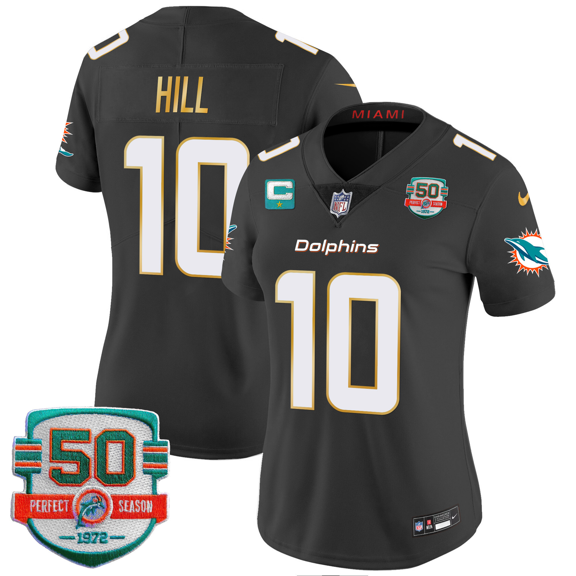 Tyreek Hill Women's Miami Dolphins Gold Trim Vapor Limited Black Jersey - All Stitched 