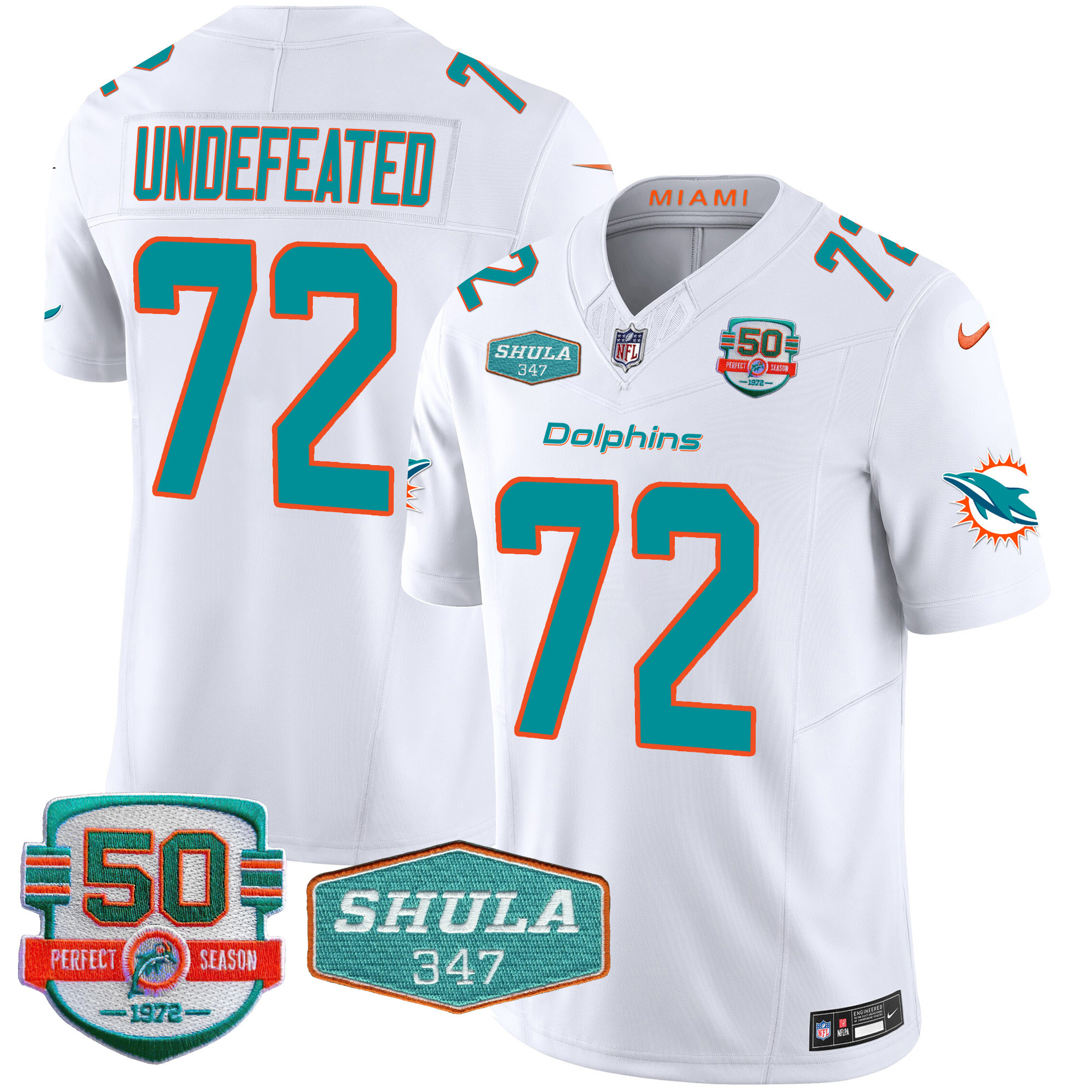 Undefeated Men's Miami Dolphins Shula 347 Patch Vapor White Jersey - All Stitched 