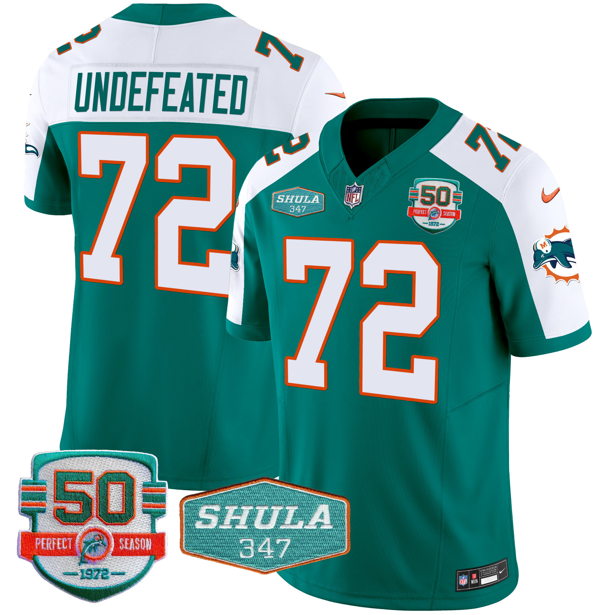 Undefeated Men's Miami Dolphins Throwback Shula 347 Patch Vapor Aqua Alternate Jersey - All Stitched 