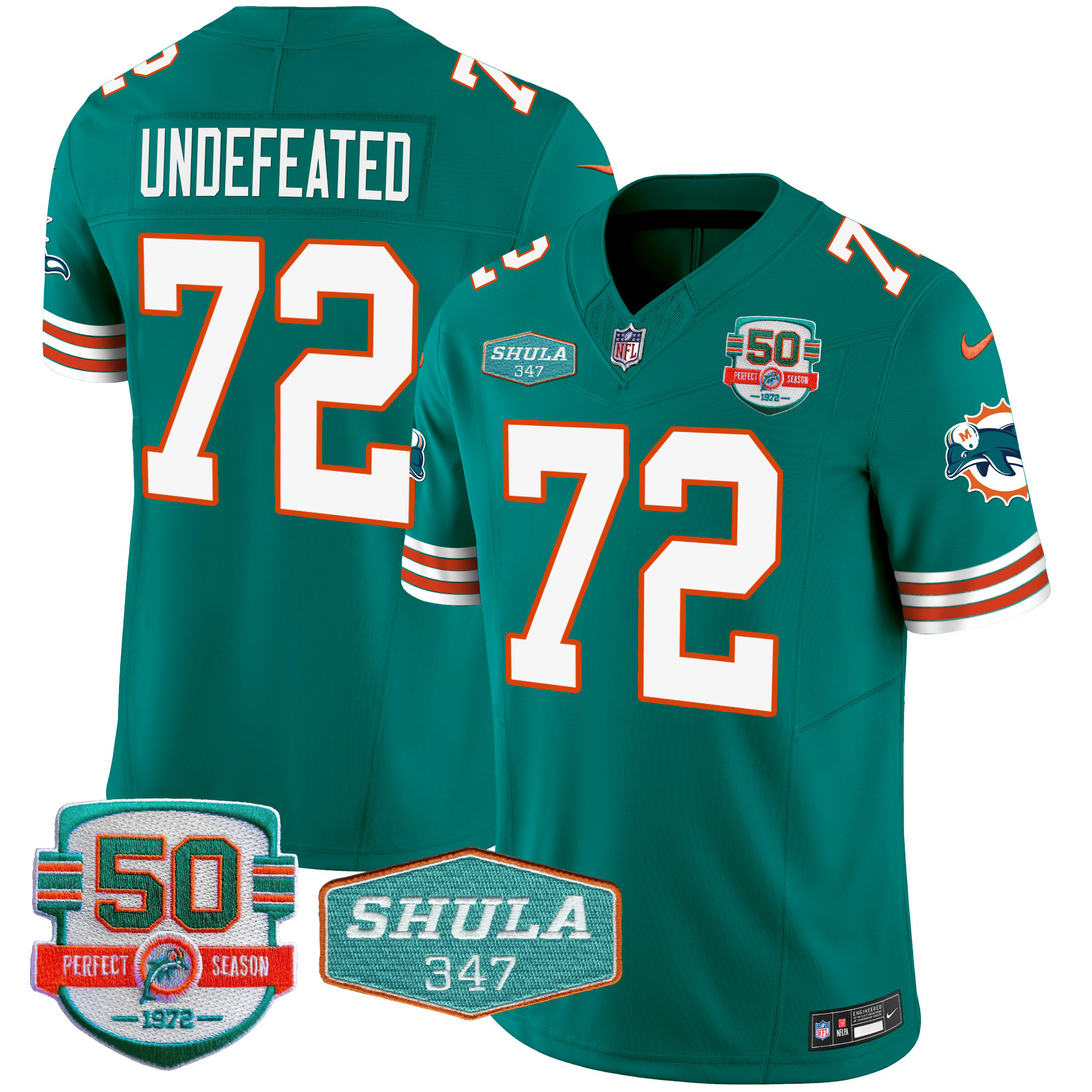 Undefeated Men's Miami Dolphins Throwback Shula 347 Patch Vapor Aqua Jersey - All Stitched 