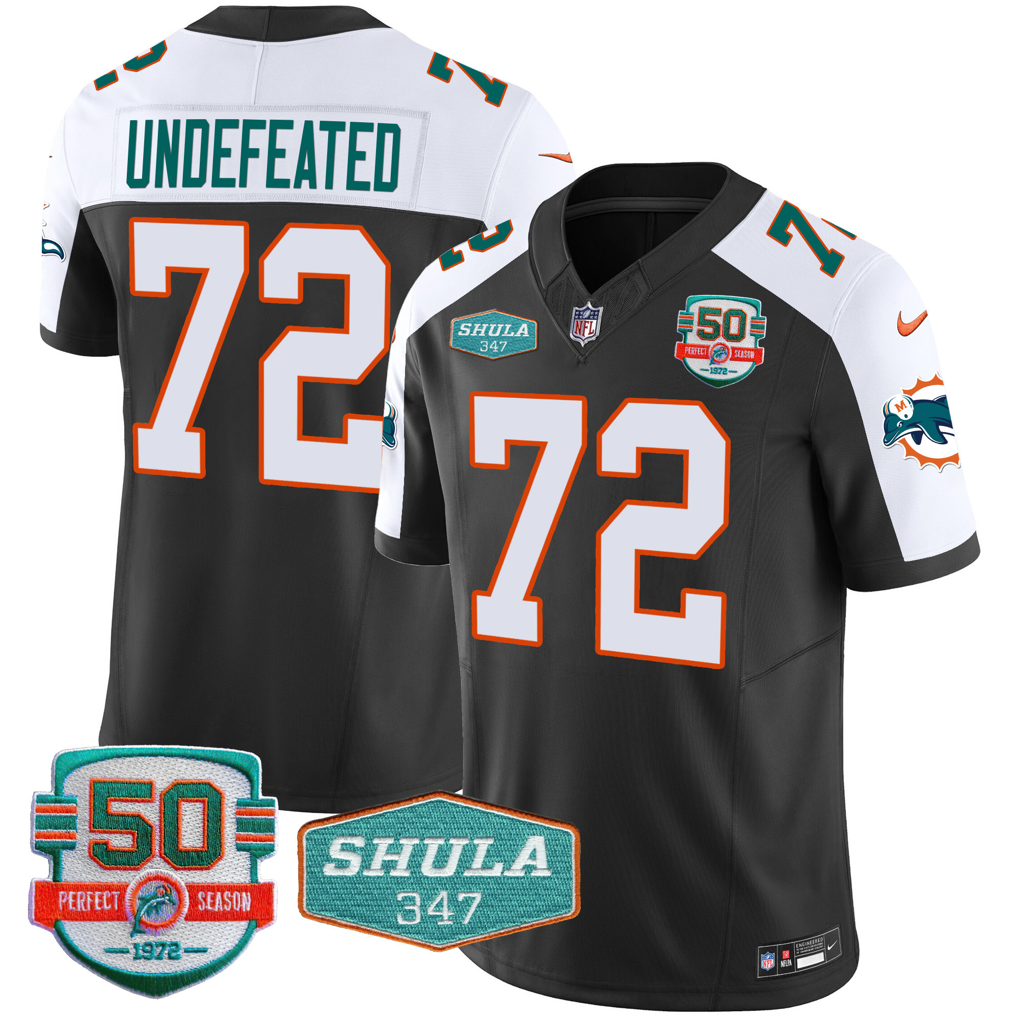 Undefeated Men's Miami Dolphins Throwback Shula 347 Patch Vapor Black Alternate Jersey - All Stitched 