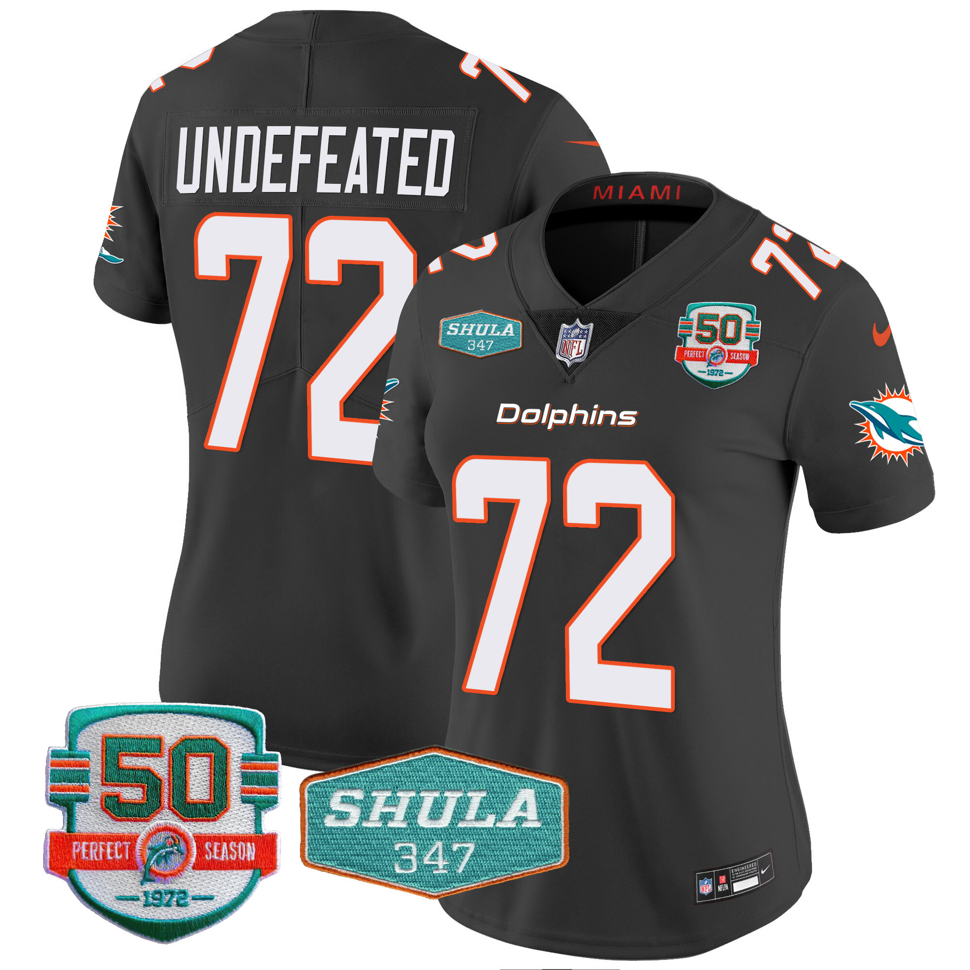 Undefeated Women's Miami Dolphins Shula 347 Patch Vapor Black Jersey - All Stitched 