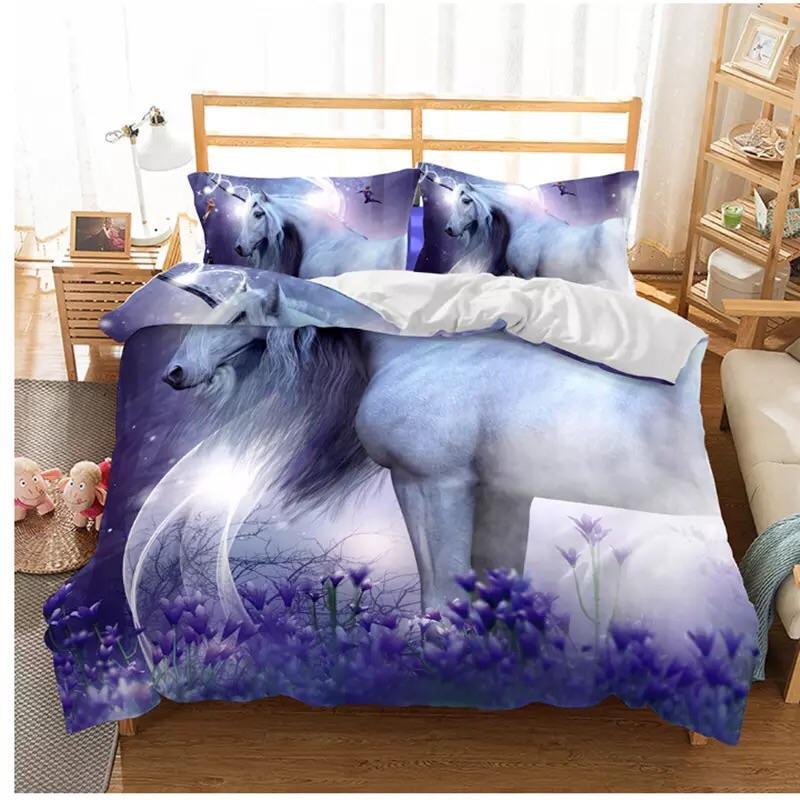 Unicorn With Purple Flowers 3D Customized Duvet Cover Bedding Set
