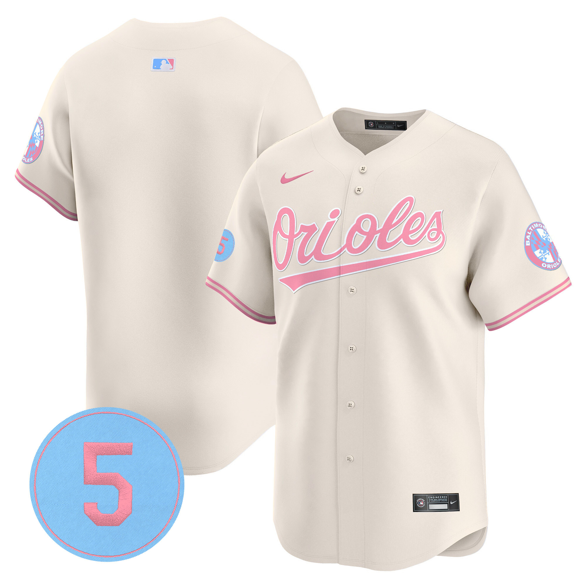 Unisex Baltimore Orioles Bubblegum Pink Robinson Patch Vapor Premier Limited Cream Jersey - All Stitched