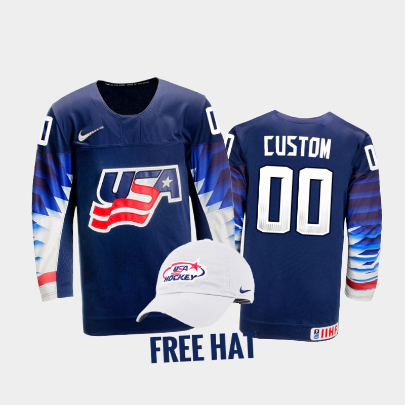 USA Custom 2022 IIHF World Junior Championship Blue #00 Jersey Free Hat
