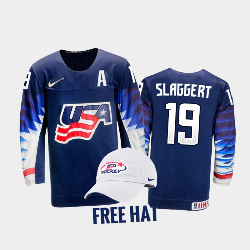 USA Landon Slaggert 2022 IIHF World Junior Championship Blue #19 Jersey Free Hat