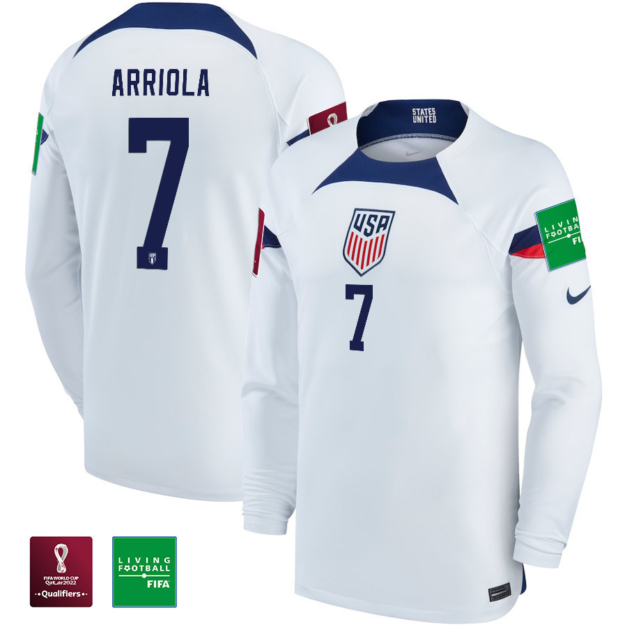 USA National Team FIFA World Cup Qatar 2022 Patch Paul Arriola 7 – Men Home Long Sleeve Soccer Jersey