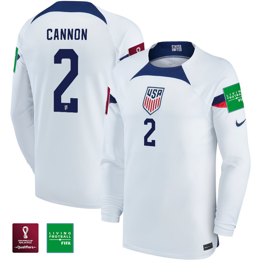 USA National Team FIFA World Cup Qatar 2022 Patch Reggie Cannon 2 – Men Home Long Sleeve Soccer Jersey