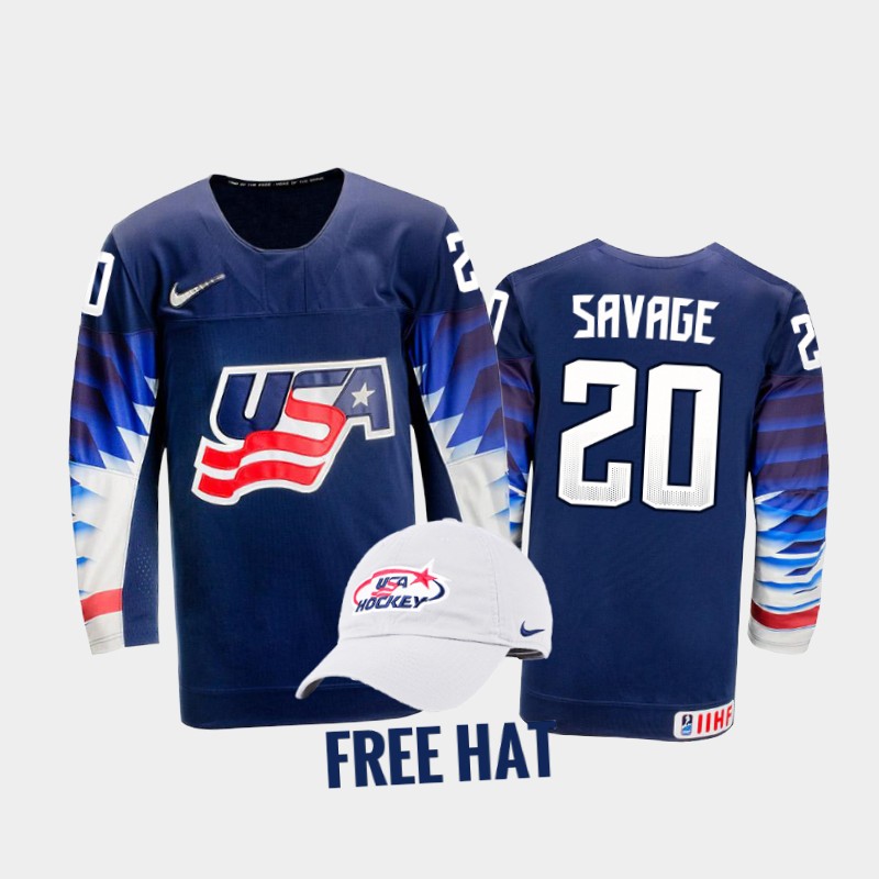 USA Redmond Savage 2022 IIHF World Junior Championship Blue #20 Jersey Free Hat