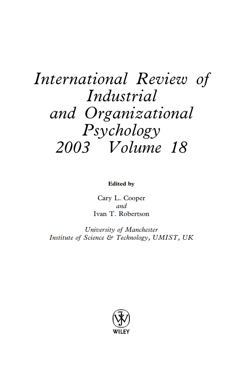 International Review of Industrial and Organizational Psychology 2003 1st Edition