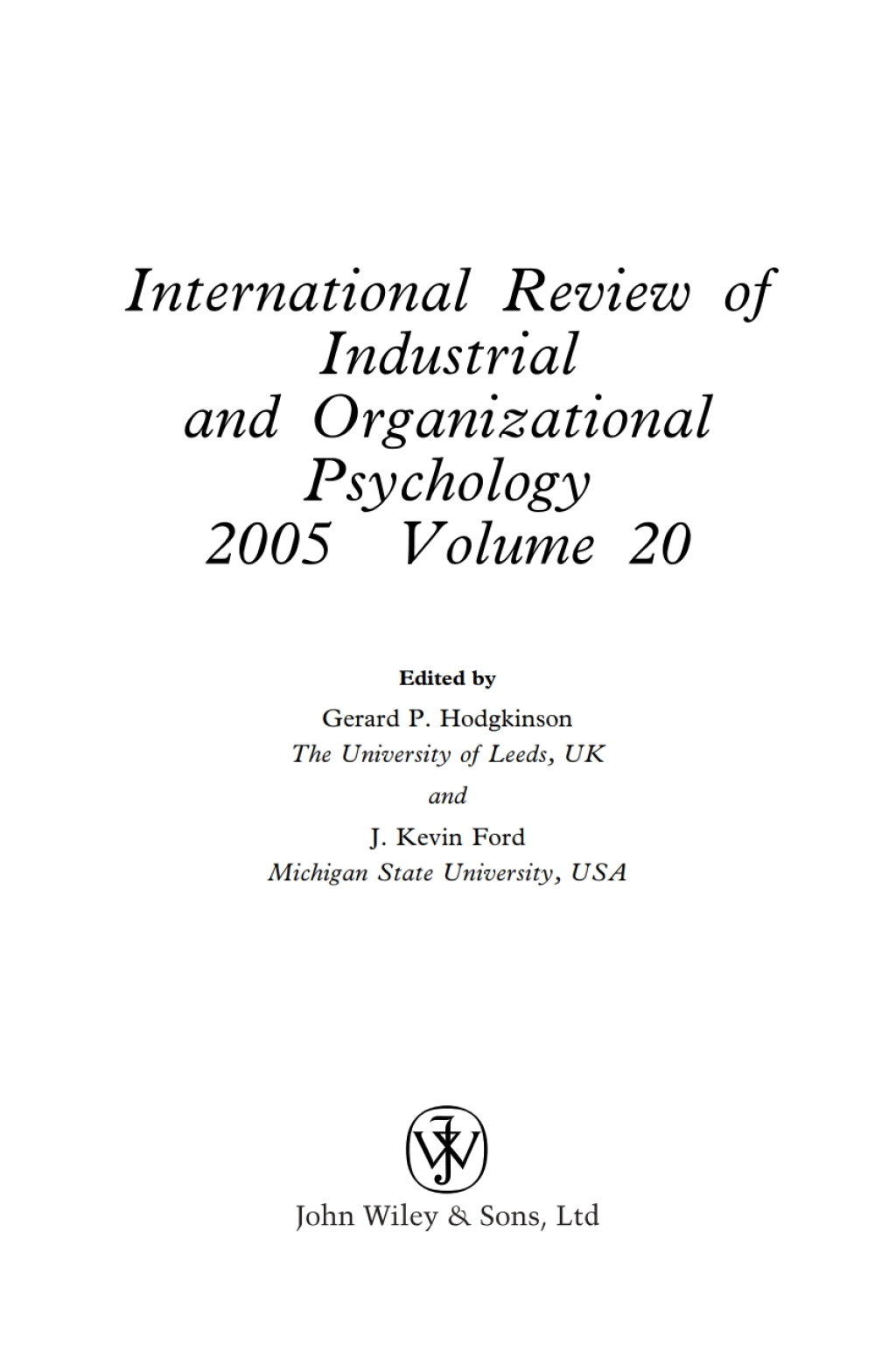 International Review of Industrial and Organizational Psychology 2005 1st Edition