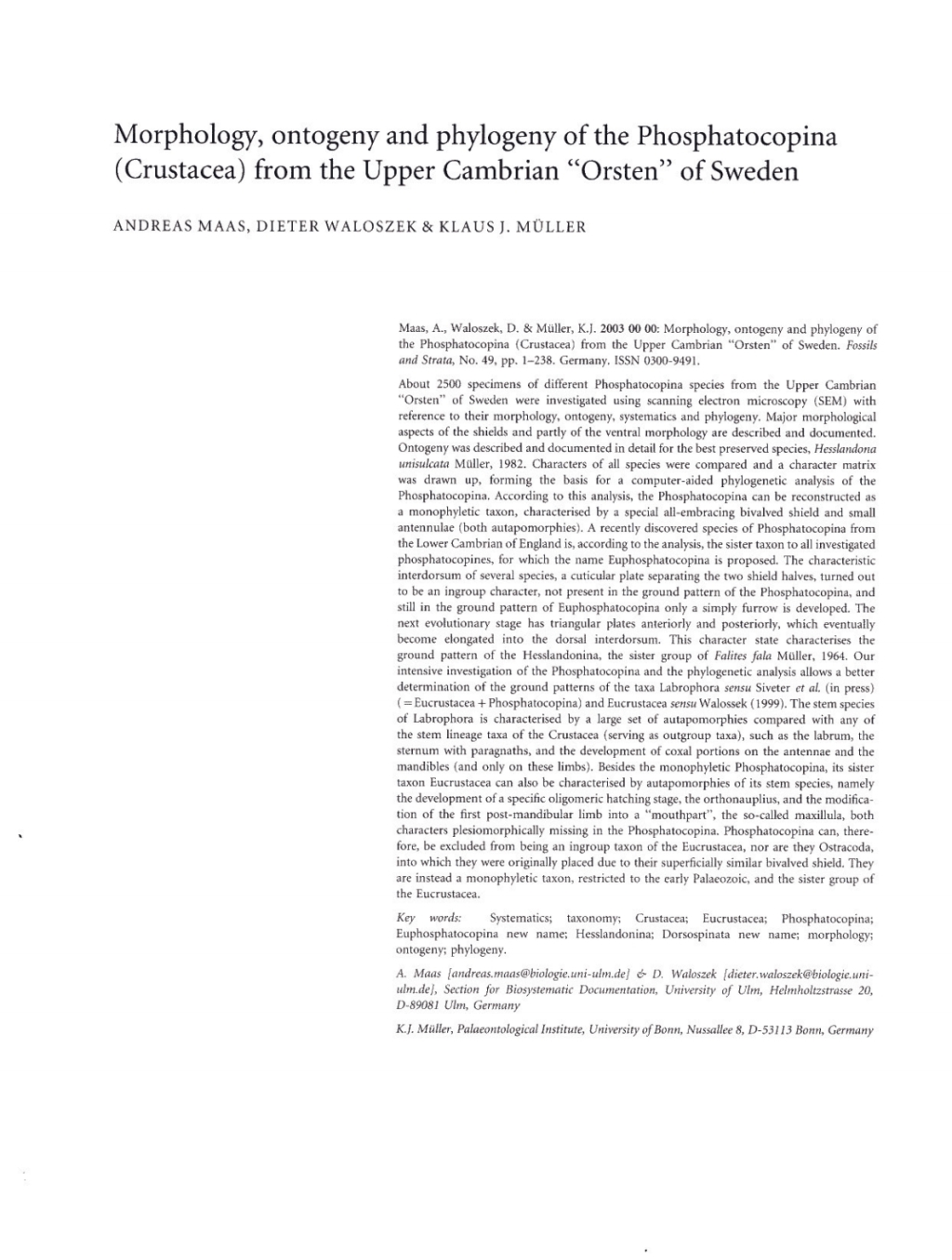 Morphology, Ontogeny and Phylogeny of the Phosphatocopina (Crustacea) from the Upper Cambrian Orsten of Sweden 1st Edition
