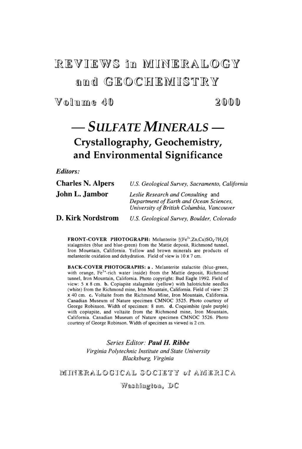 Sulfate Minerals Crystallography, Geochemistry, and Environmental Significance 1st Edition