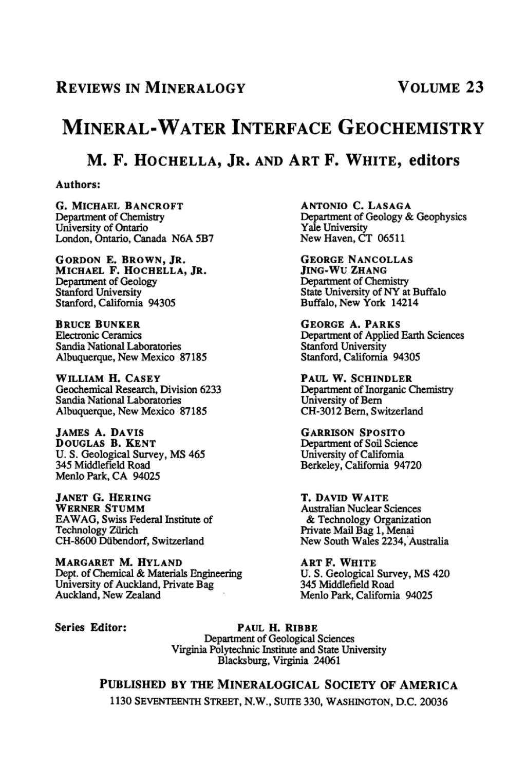 Mineral-Water Interface Geochemistry 1st Edition