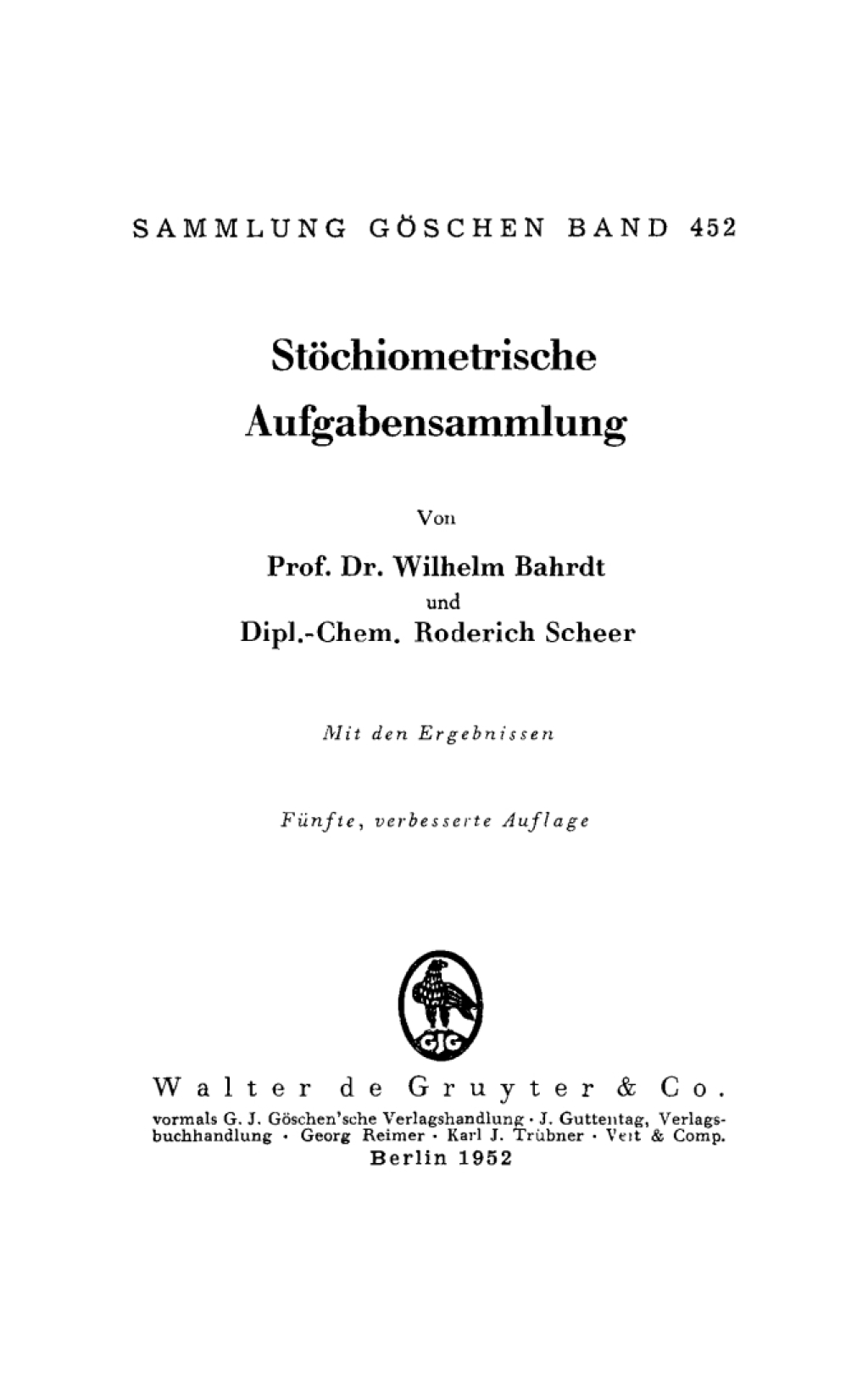 StÃƒÂ¶chiometrische Aufgabensammlung Mit den Ergebnissen 5th Edition