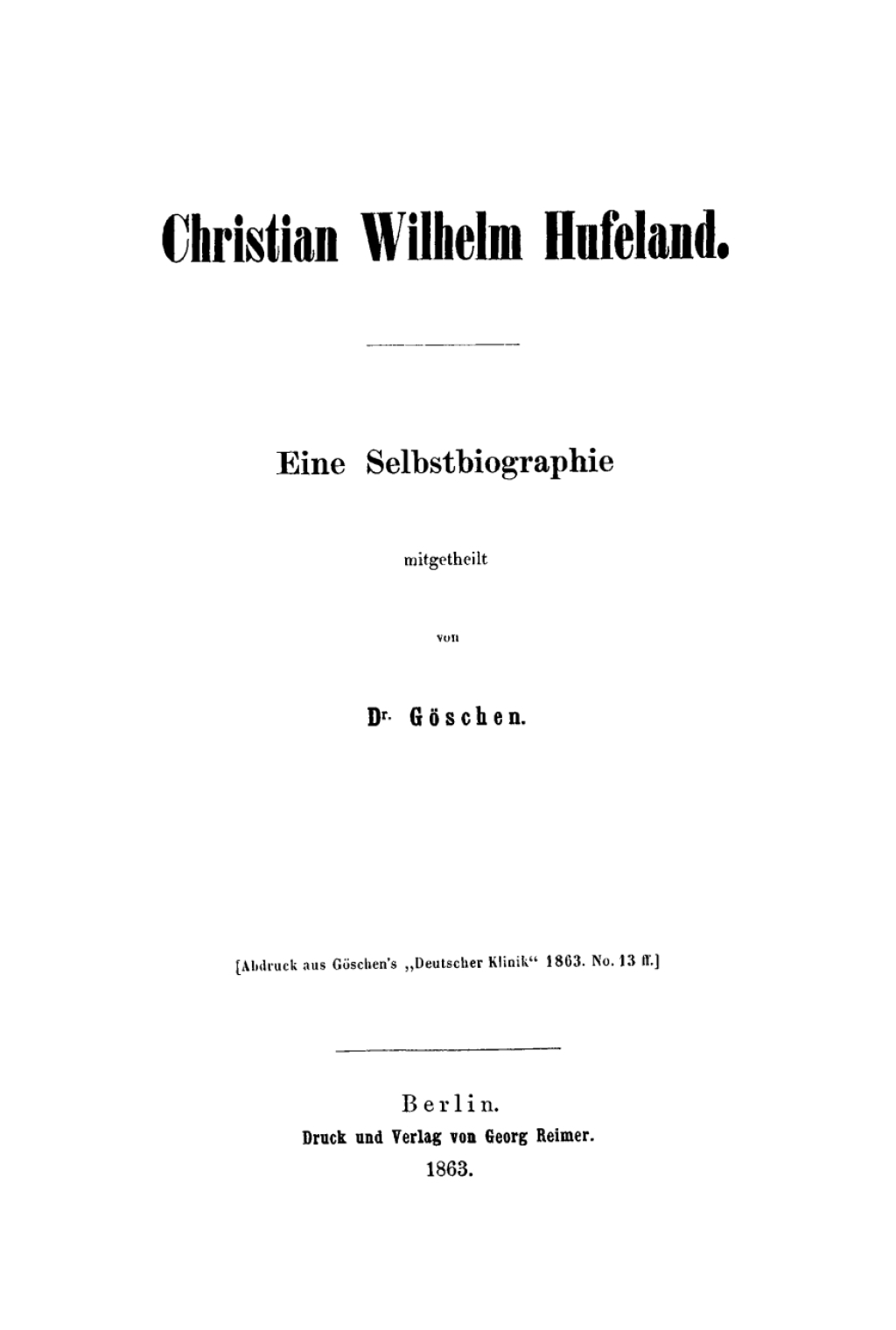 Christian Wilhelm Hufeland Eine Selbstbiographie 1st Edition