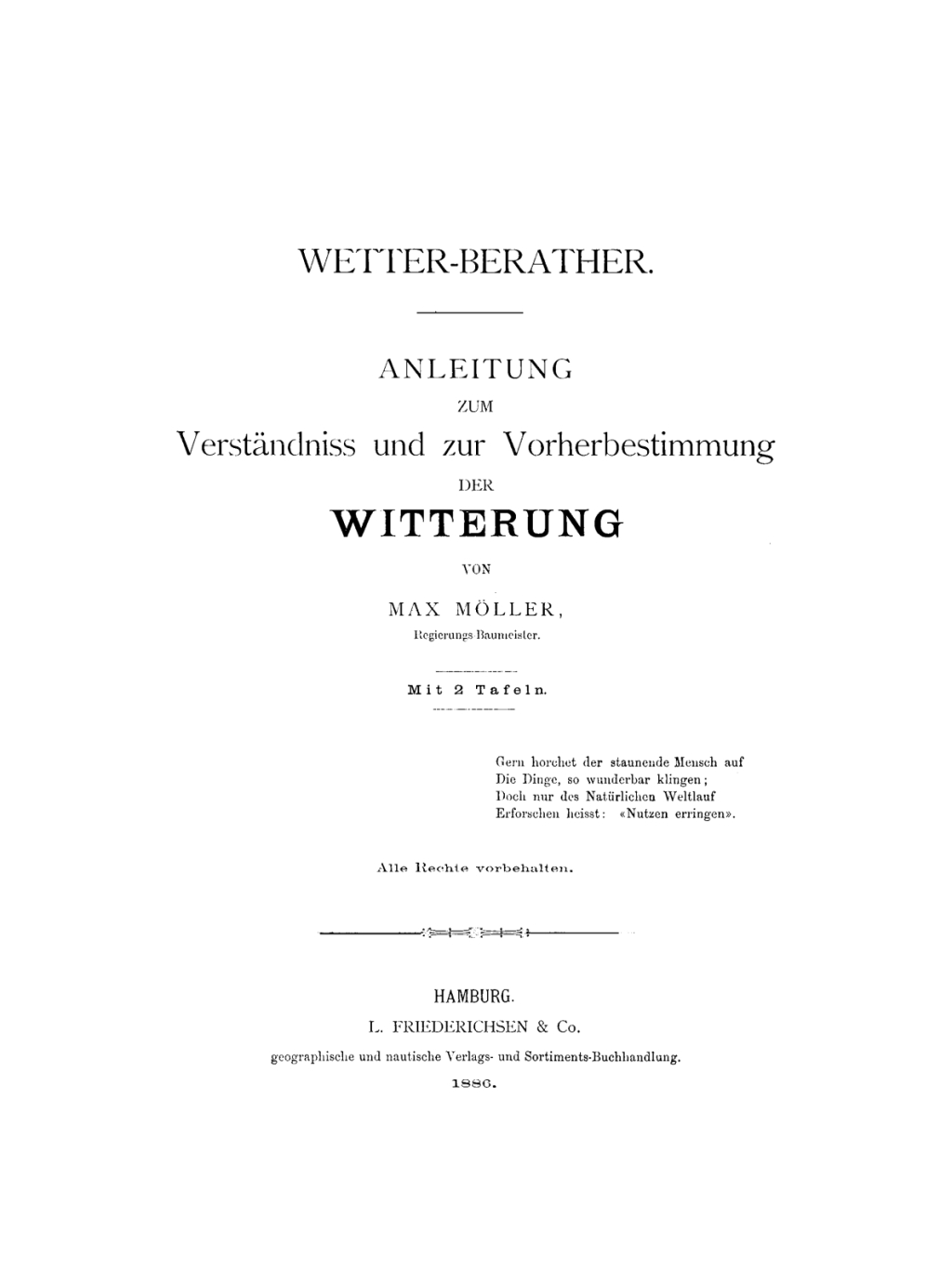 Wetter-Berather Anleitung zum VerstÃƒÂ¤ndniss und zur Vorherbestimmung der Witterung 1st Edition
