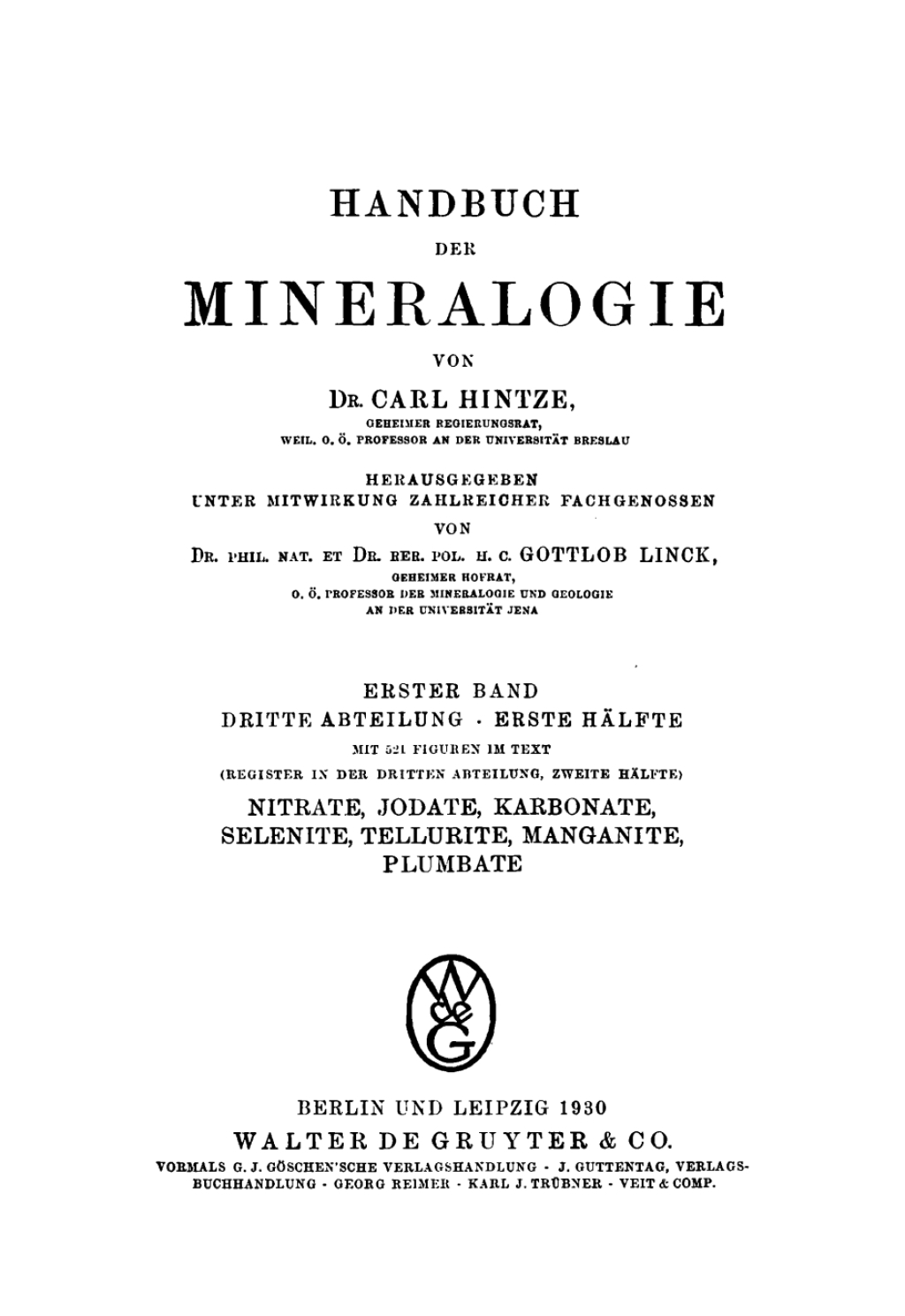 Nitrate, Jodate, Karbonate, Selenite, Tellurite, Manganite, Plumbate 1st Edition
