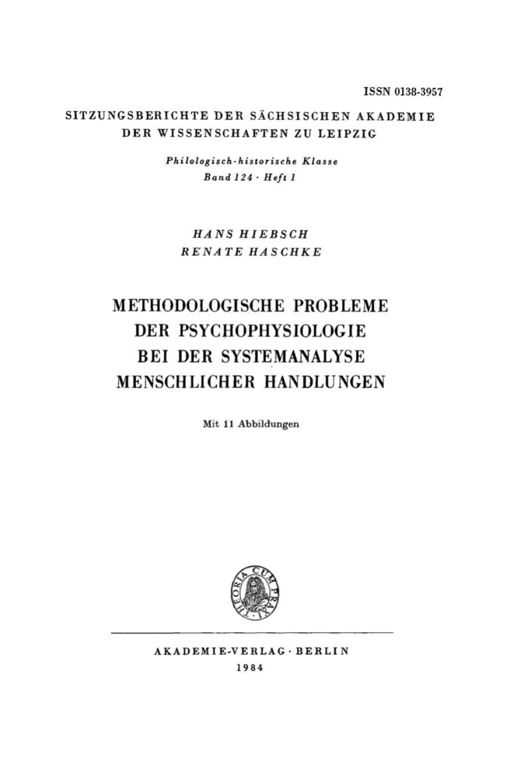 Methodologische Probleme der Psychophysiologie bei der Systemanalyse menschlicher Handlungen 1st Edition