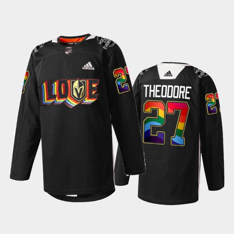 Vegas Golden Knights Shea Theodore #27 LGBTQ Pride Night 2022 Jersey Black Rainbow Practice