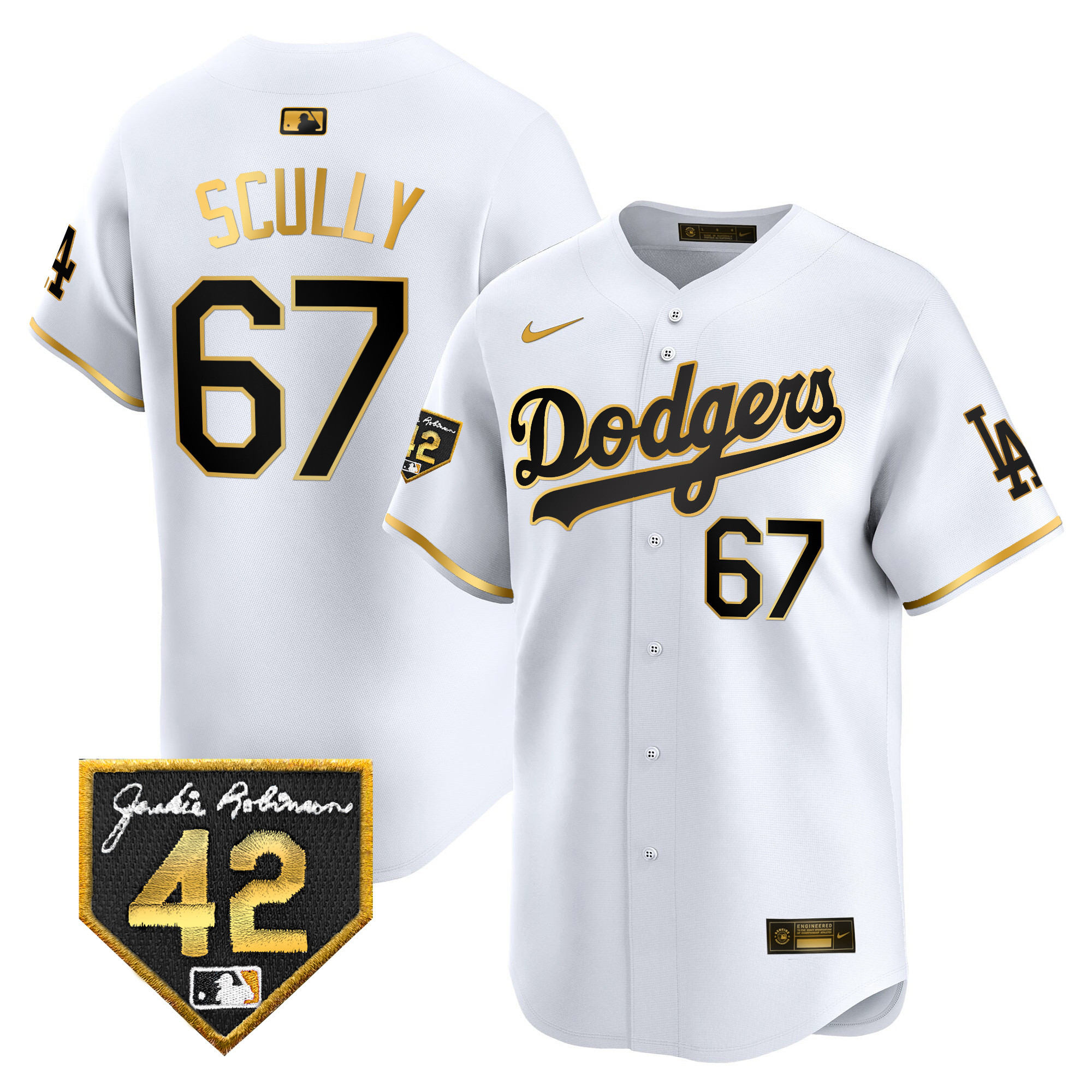 Vin Scully Men's Los Angeles Dodgers 2024 Jackie Robinson Patch Vapor Premier Limited White Gold Jersey - All Stitched