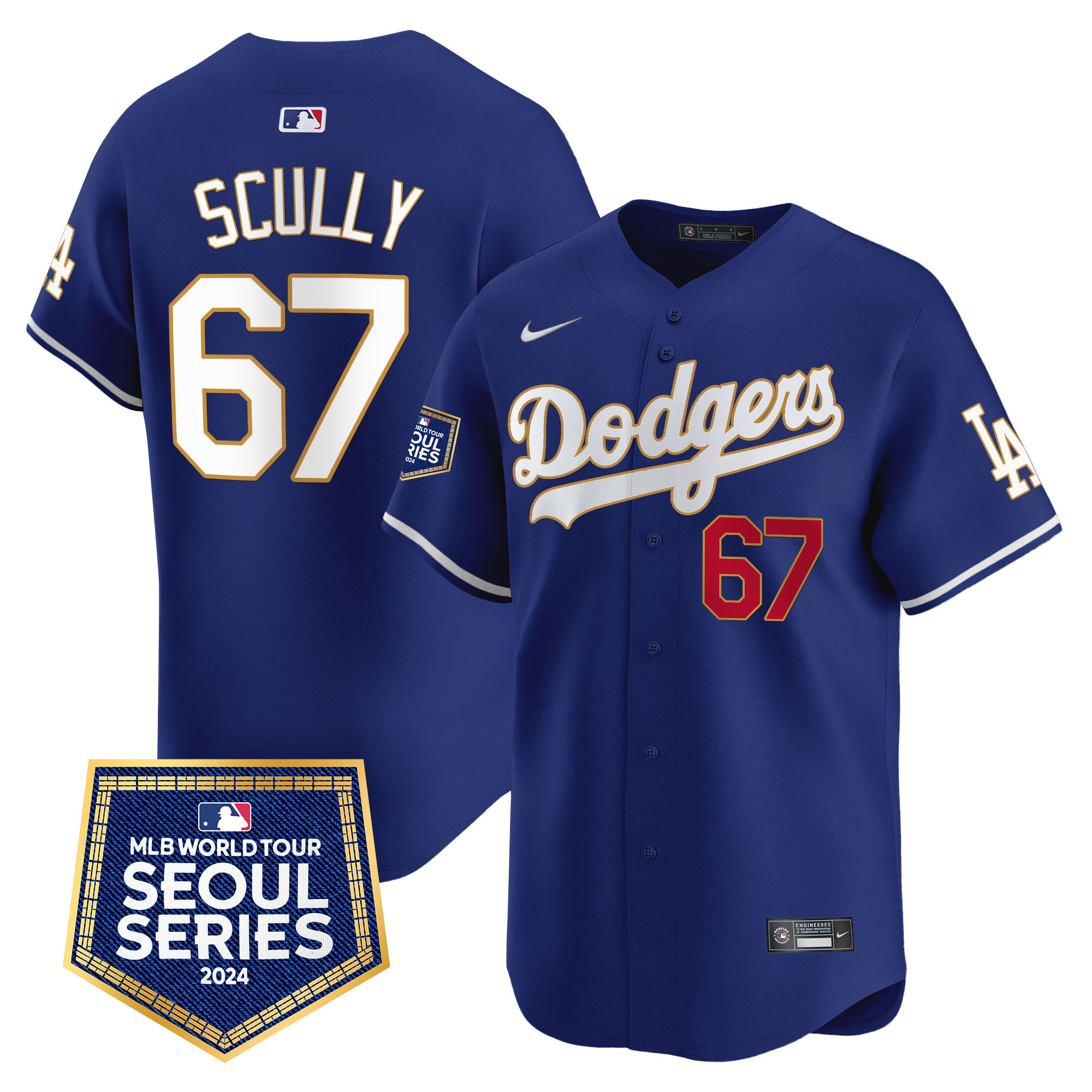 Vin Scully Men's Los Angeles Dodgers 2024 World Tour Seoul Series Patch Vapor Premier Limited Royal Jersey - All Stitched