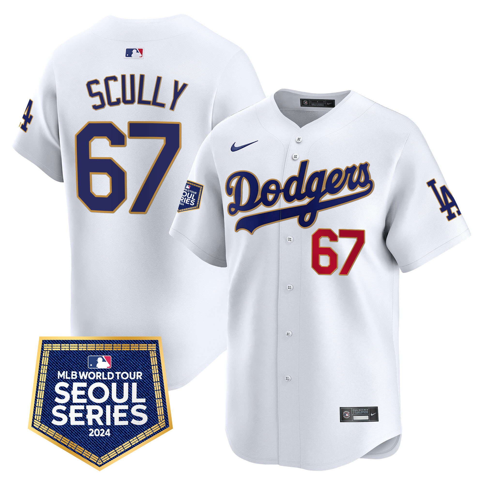 Vin Scully Men's Los Angeles Dodgers 2024 World Tour Seoul Series Patch Vapor Premier Limited White Jersey - All Stitched