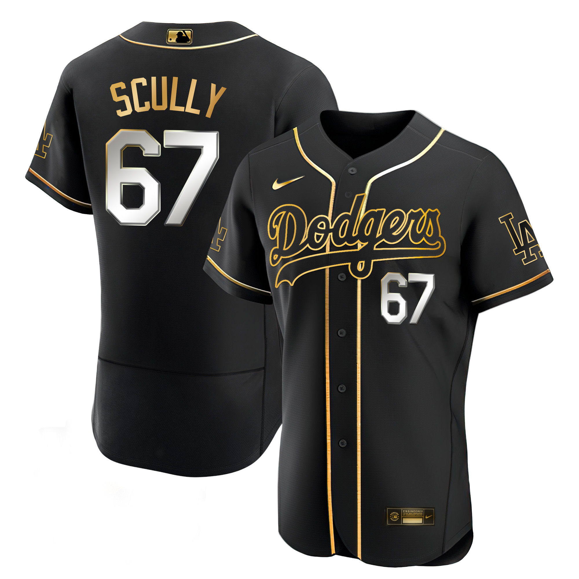 Vin Scully Men's Los Angeles Dodgers Black Limited & Gold Flex Black Limited Jersey - All Stitched