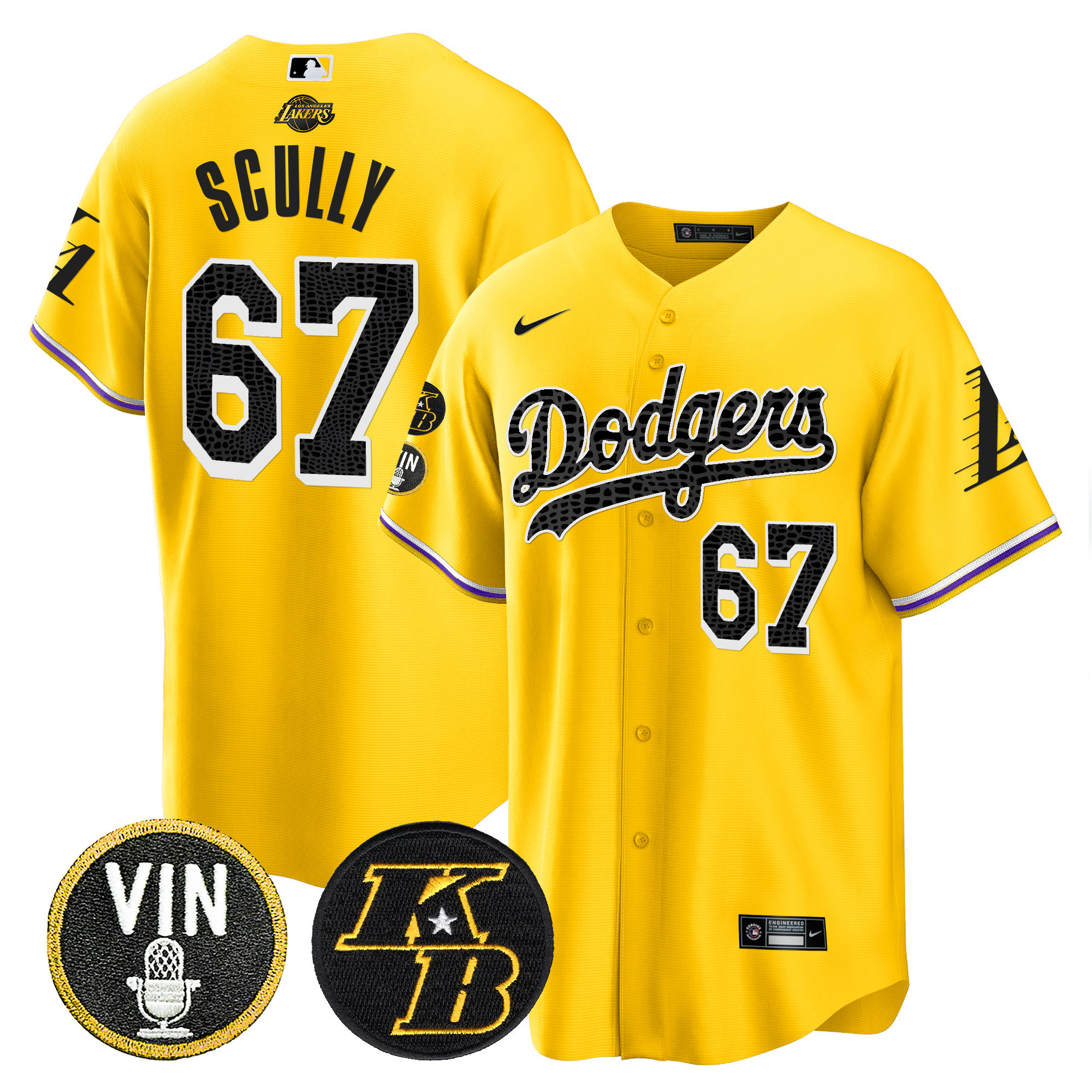 Vin Scully Men's Los Angeles Dodgers Bryant & Vin Patch Cool Base Mamba Gold Jersey - All Stitched