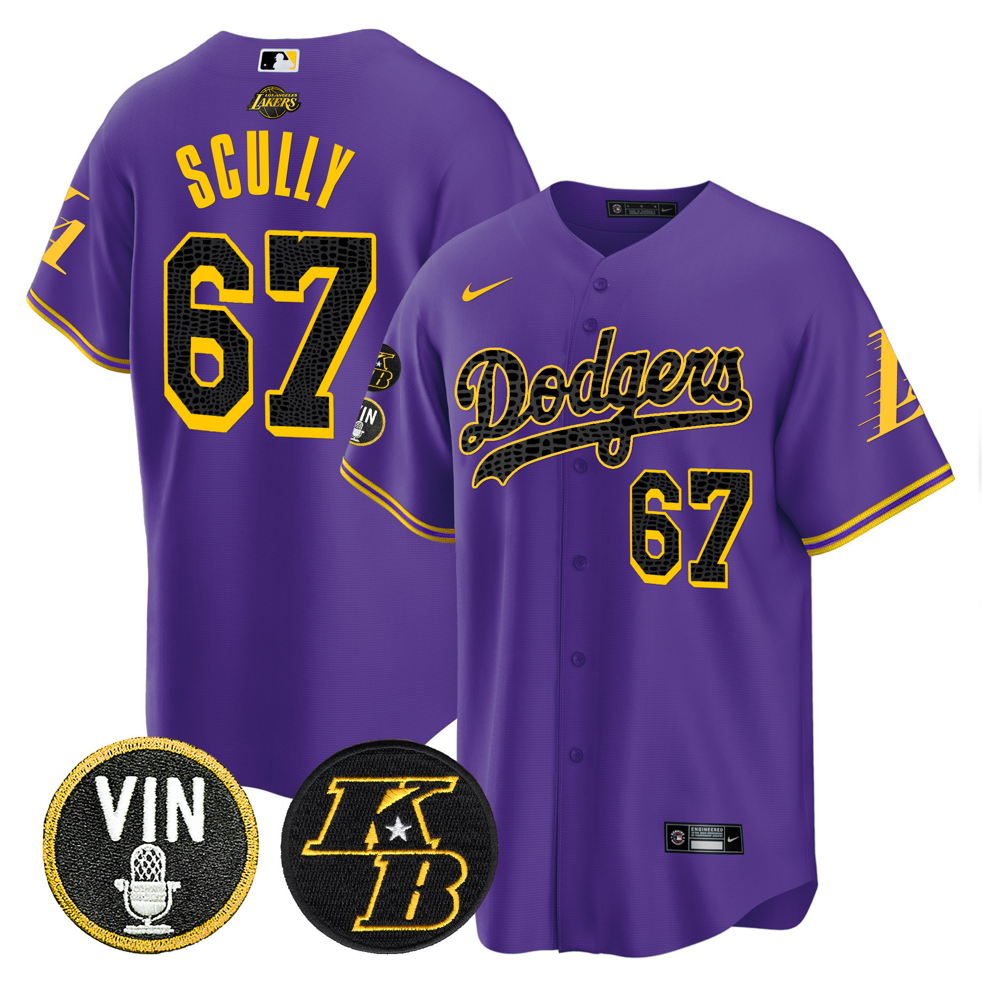 Vin Scully Men's Los Angeles Dodgers Bryant & Vin Patch Cool Base Mamba Purple Jersey - All Stitched