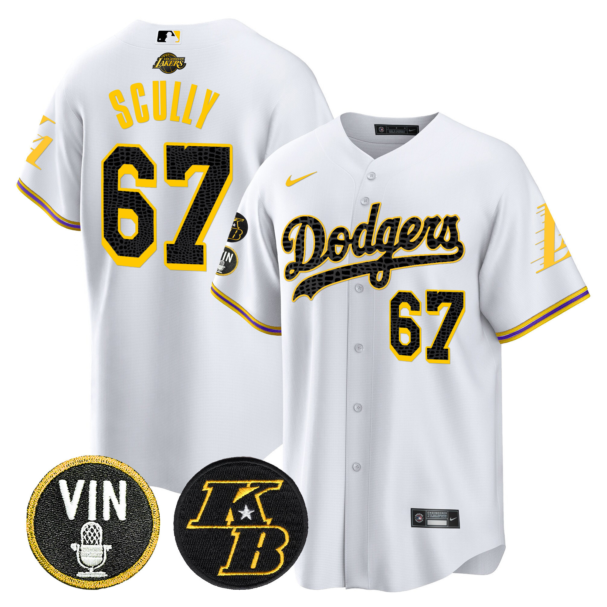 Vin Scully Men's Los Angeles Dodgers Bryant & Vin Patch Cool Base Mamba White Jersey - All Stitched