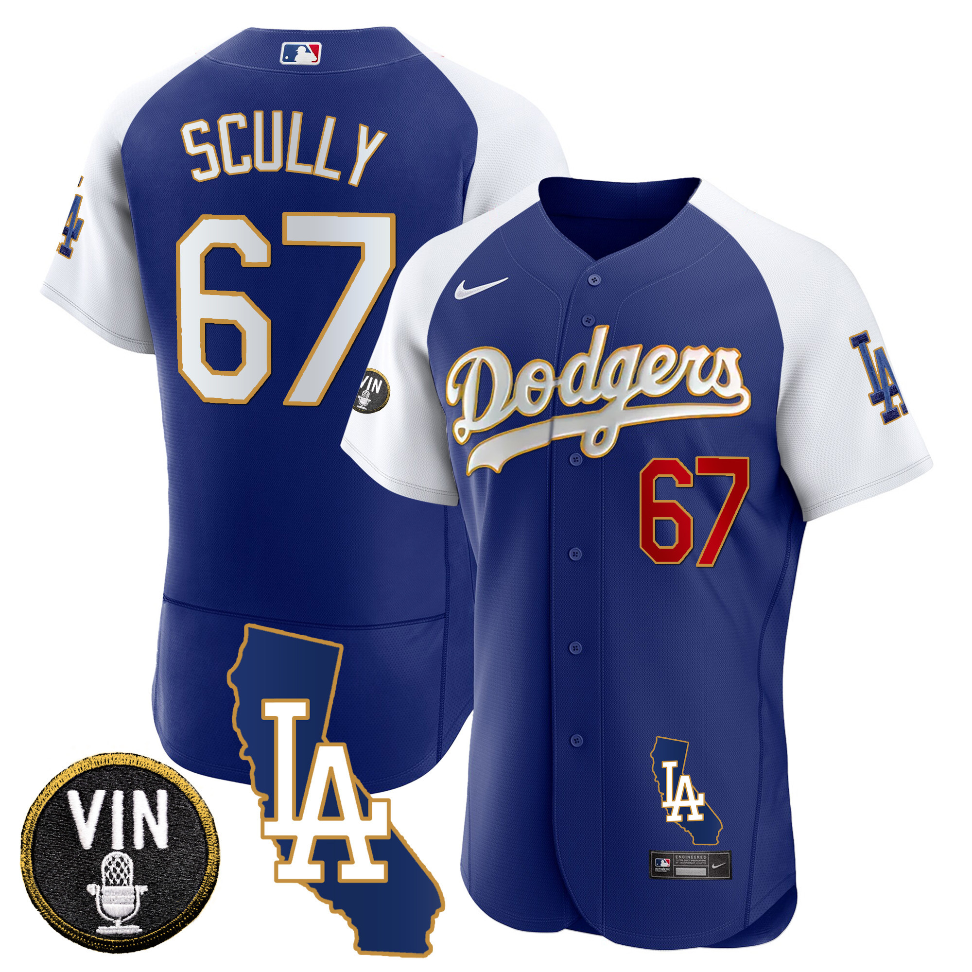 Vin Scully Men's Los Angeles Dodgers California Patch Gold Trim Flex Base Alternate Royal Jersey - All Stitched