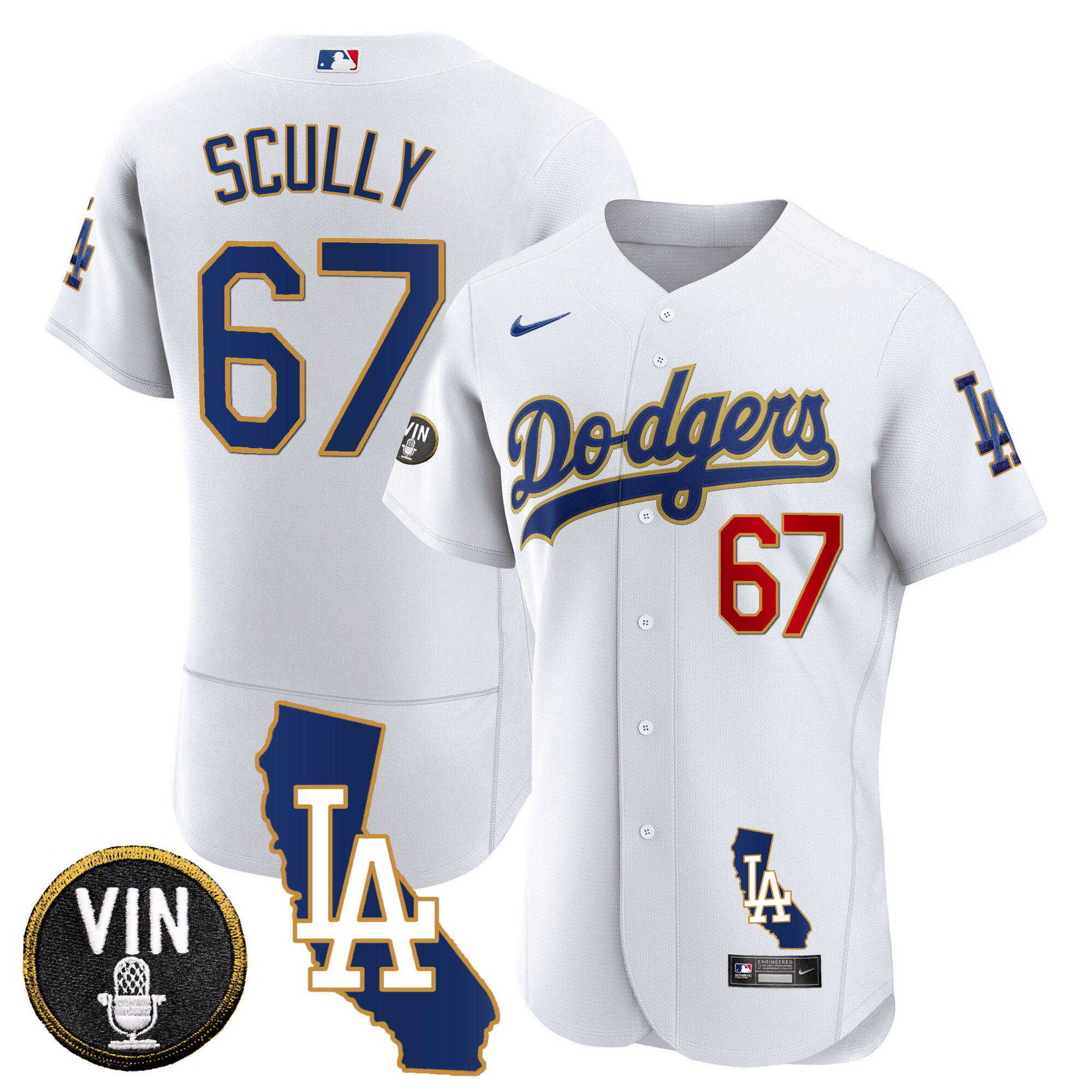 Vin Scully Men's Los Angeles Dodgers California Patch Gold Trim Flex Base White Jersey - All Stitched