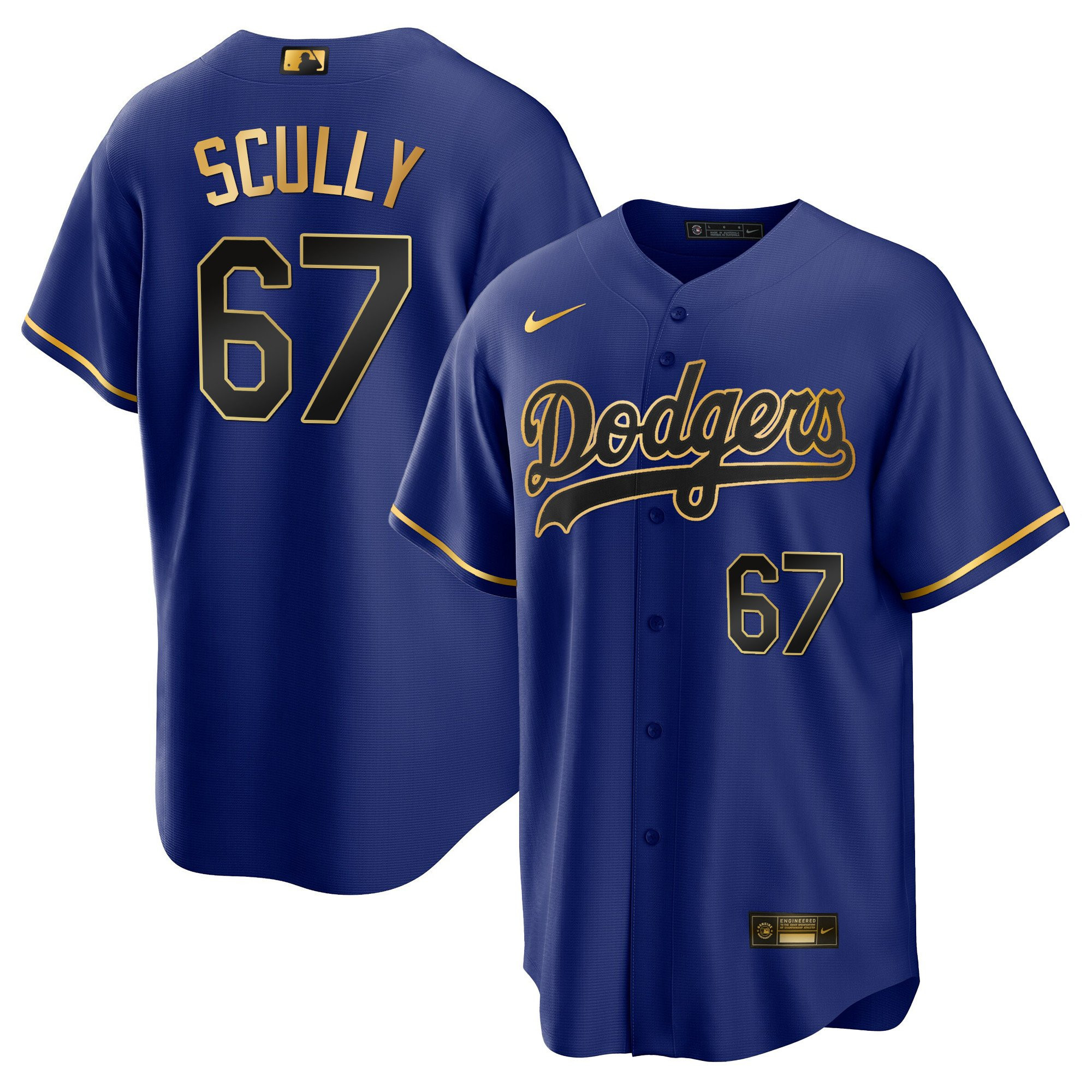 Vin Scully Men's Los Angeles Dodgers Cool Base Gold Cool Black Royal Jersey - All Stitched