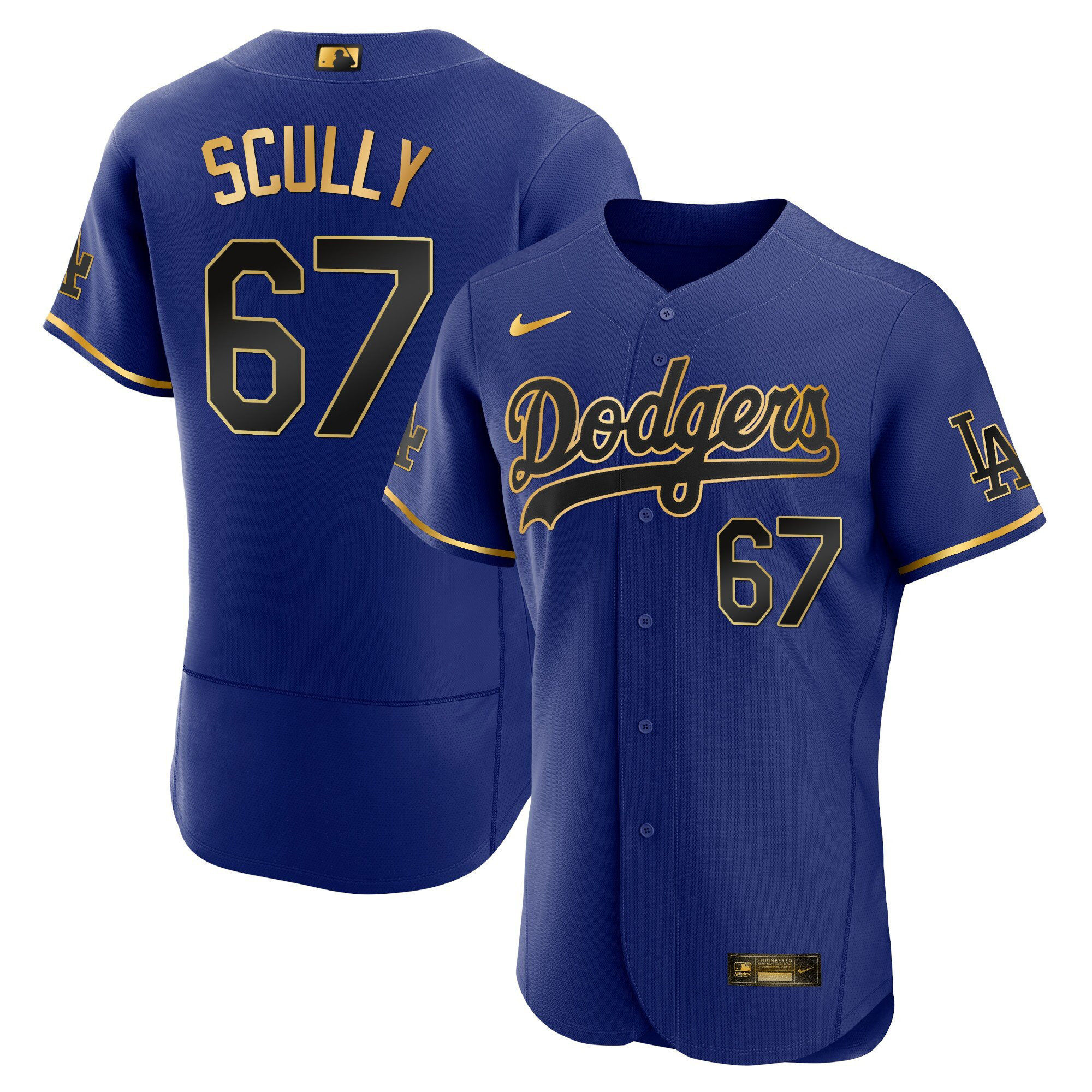 Vin Scully Men's Los Angeles Dodgers Flex Base Gold Flex Black Royal Jersey - All Stitched