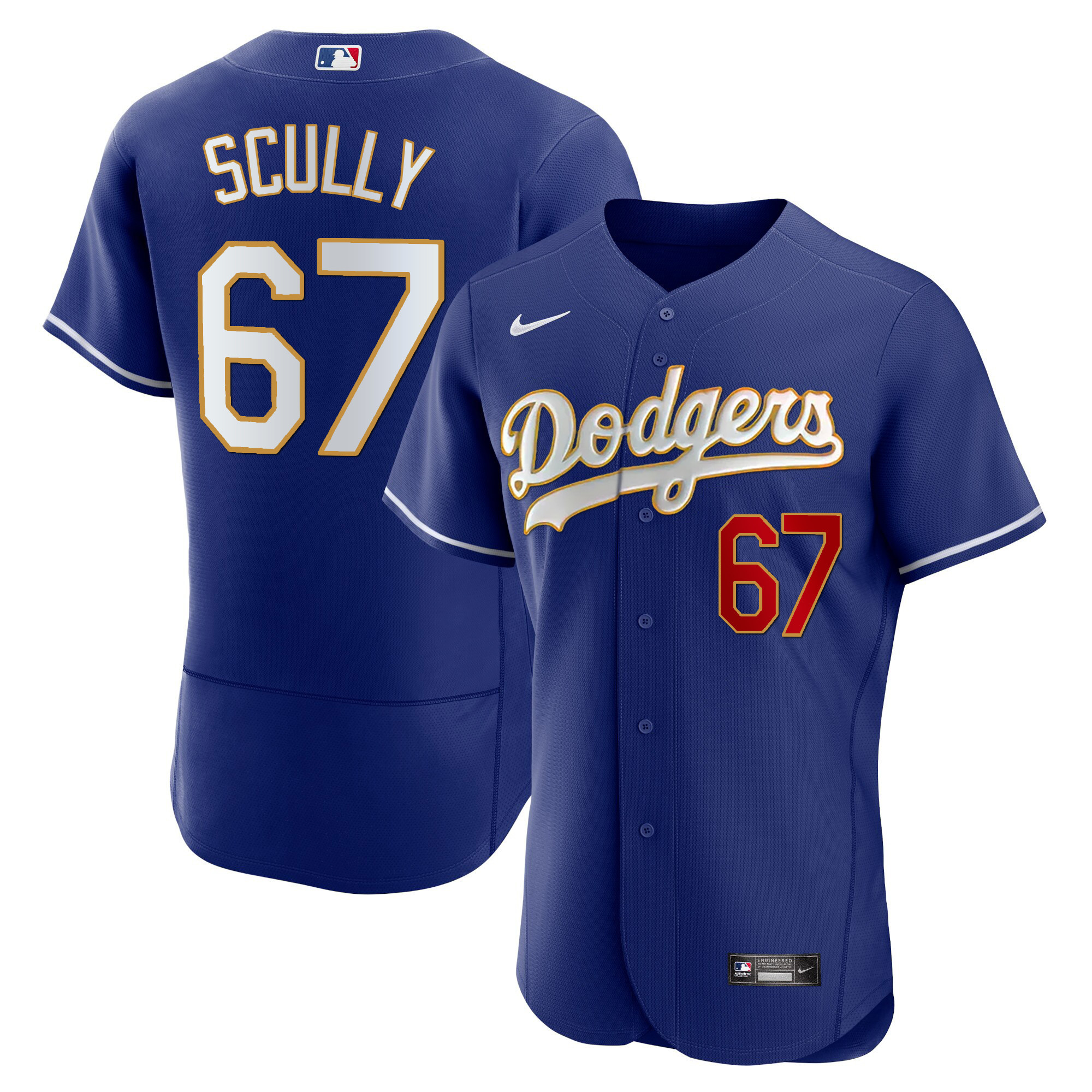 Vin Scully Men's Los Angeles Dodgers Gold Trim Flex Base Royal Jersey - All Stitched