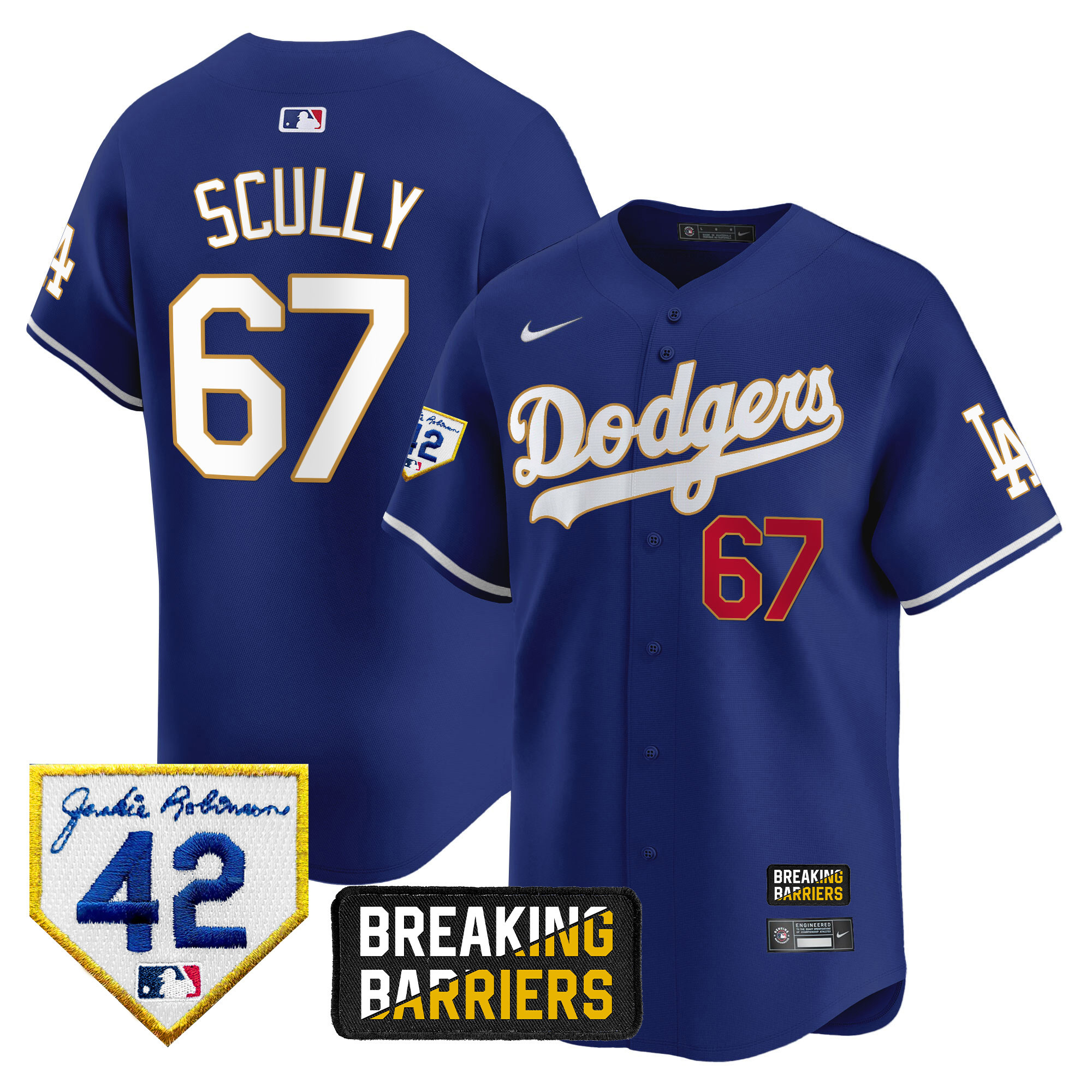 Vin Scully Men's Los Angeles Dodgers Jackie Robinson Breaking Barriers Patch Vapor Premier Limited Royal Jersey - All Stitched