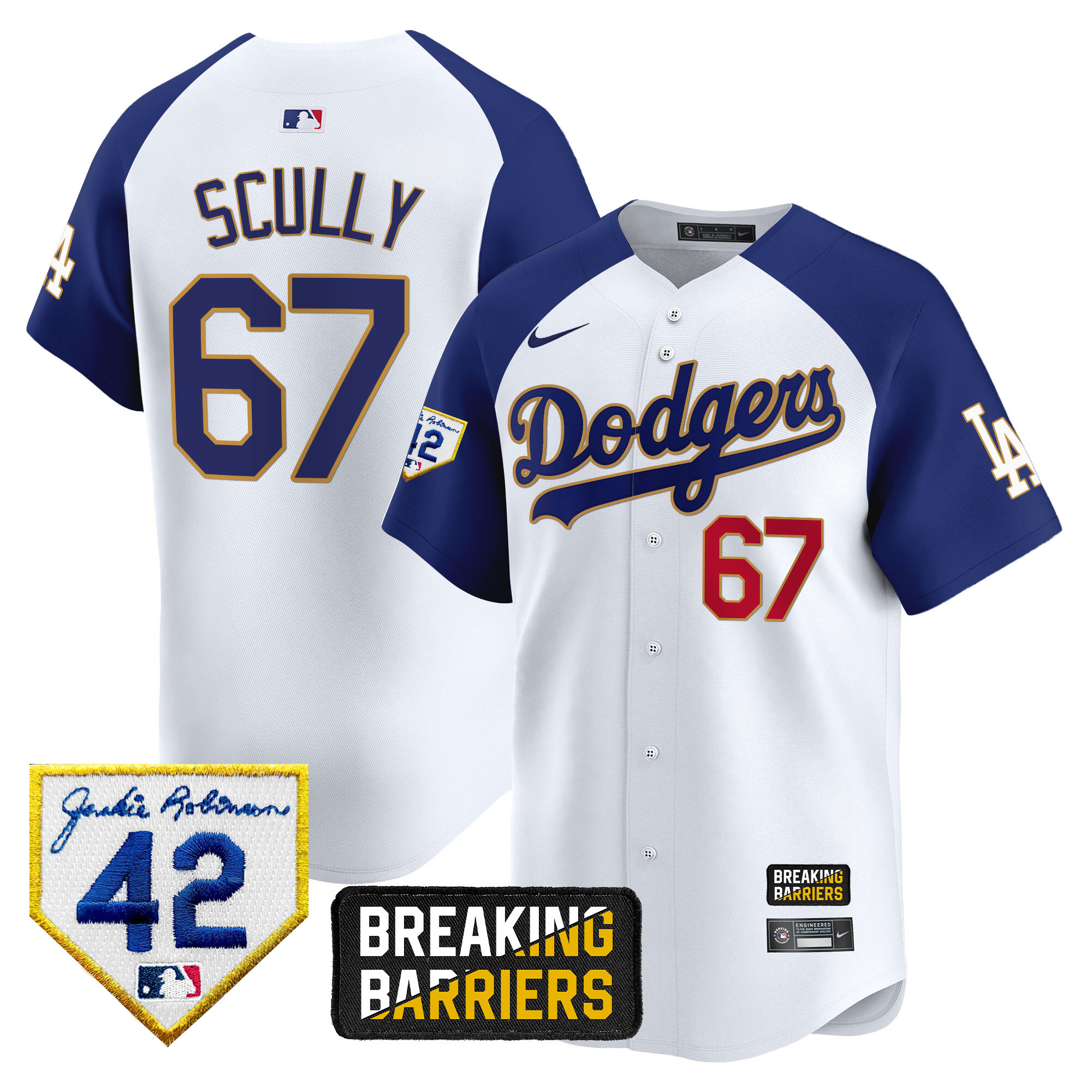 Vin Scully Men's Los Angeles Dodgers Jackie Robinson Breaking Barriers Patch Vapor Premier Limited White Alternate Jersey - All Stitched
