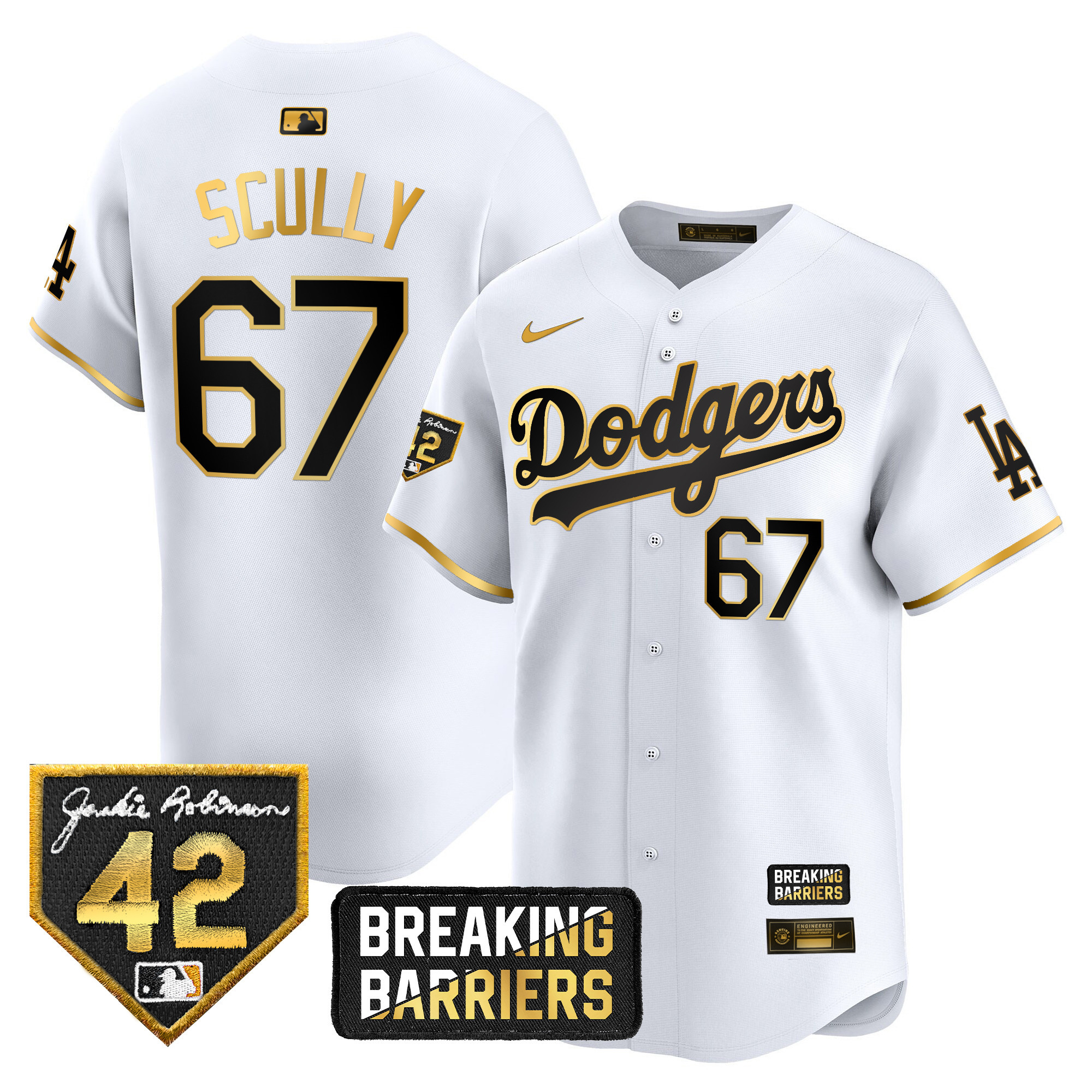 Vin Scully Men's Los Angeles Dodgers Jackie Robinson Breaking Barriers Patch Vapor Premier Limited White Gold Jersey - All Stitched