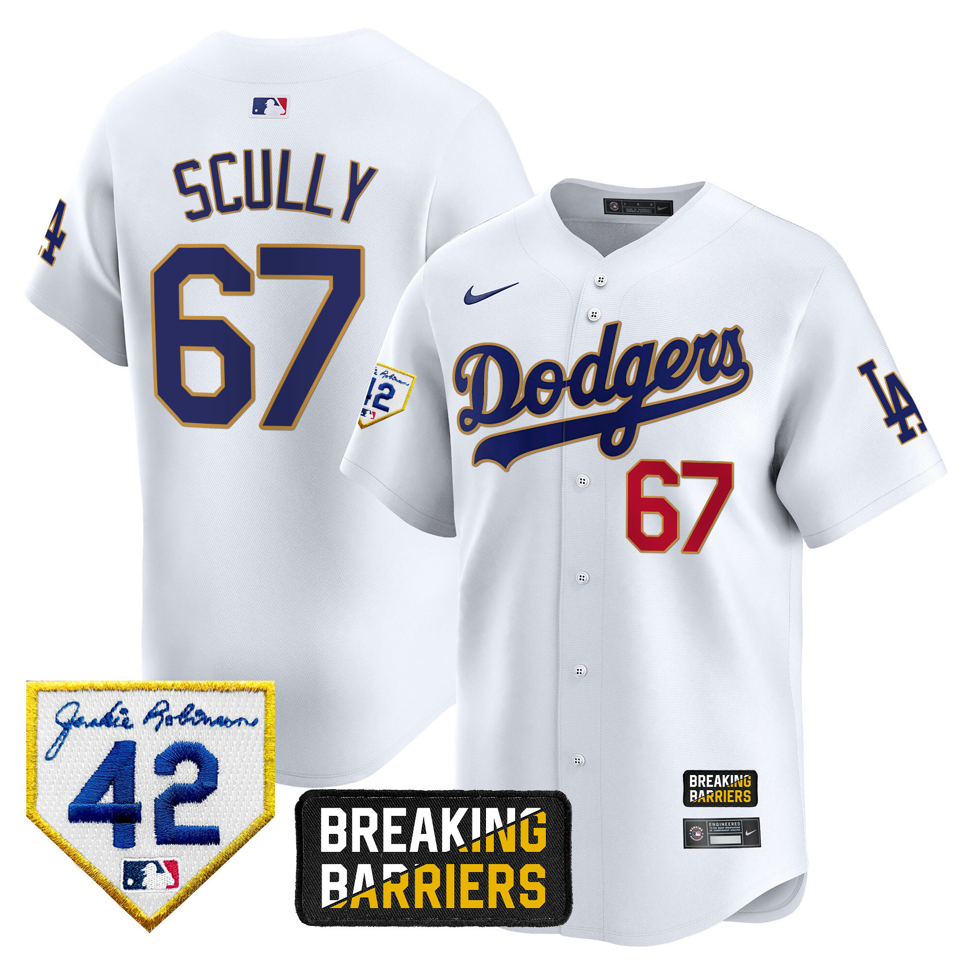Vin Scully Men's Los Angeles Dodgers Jackie Robinson Breaking Barriers Patch Vapor Premier Limited White Jersey - All Stitched