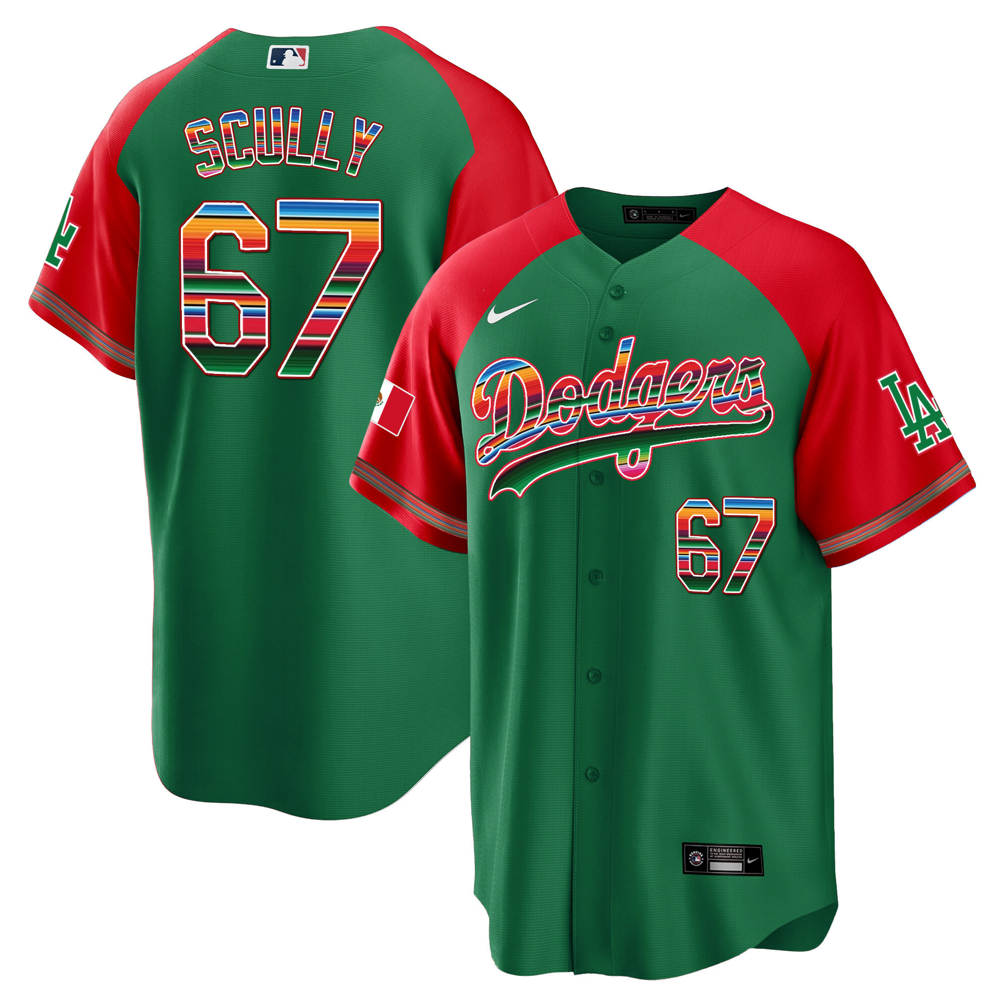Vin Scully Men's Los Angeles Dodgers Mexico Alternate Cool Base Green Jersey - All Stitched