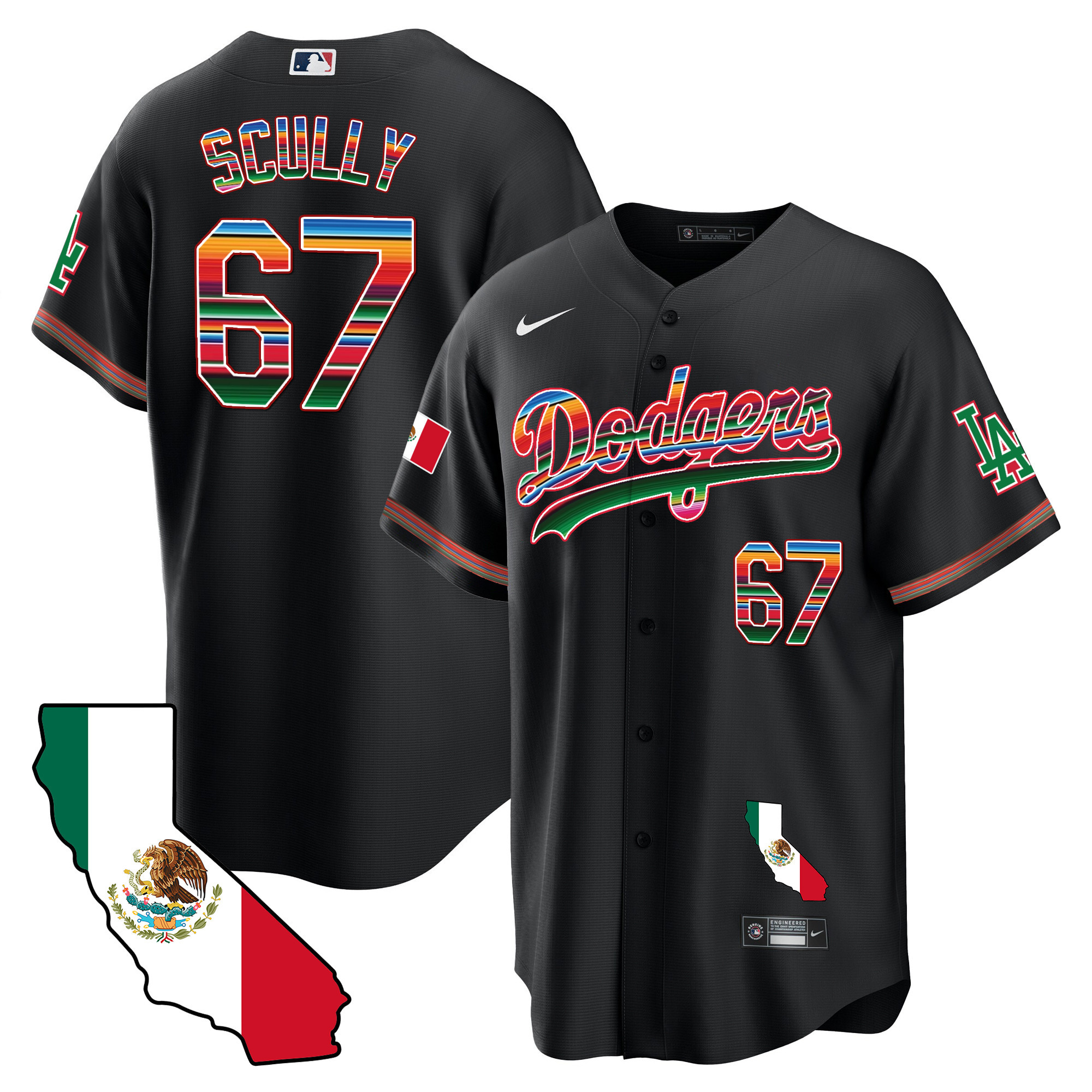 Vin Scully Men's Los Angeles Dodgers Mexico California Map Cool Base Black Jersey - All Stitched