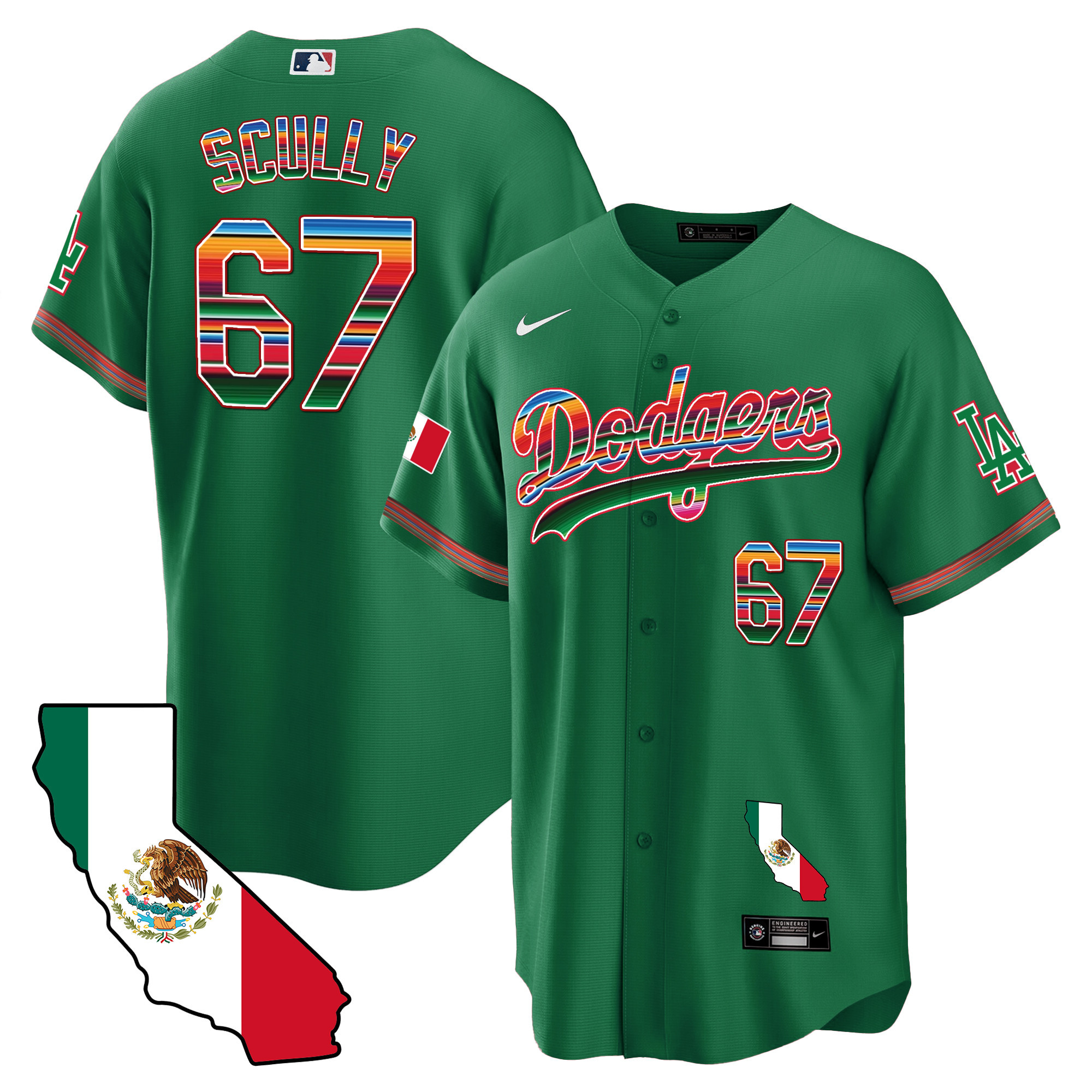 Vin Scully Men's Los Angeles Dodgers Mexico California Map Cool Base Green Jersey - All Stitched