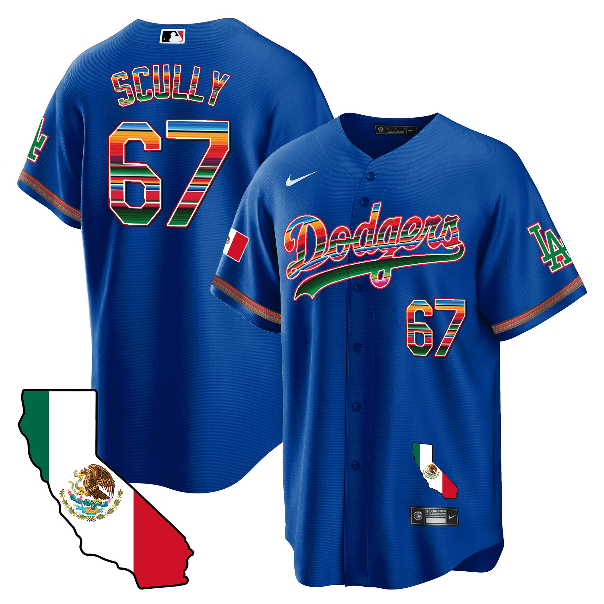 Vin Scully Men's Los Angeles Dodgers Mexico California Map Cool Base Royal Jersey - All Stitched