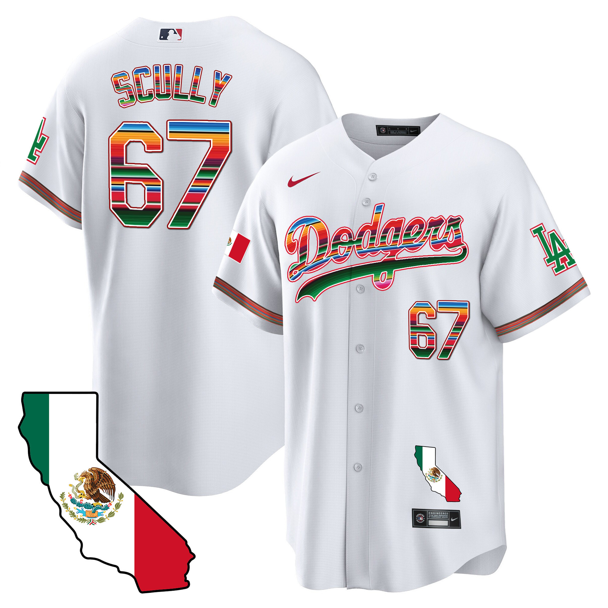 Vin Scully Men's Los Angeles Dodgers Mexico California Map Cool Base White Jersey - All Stitched