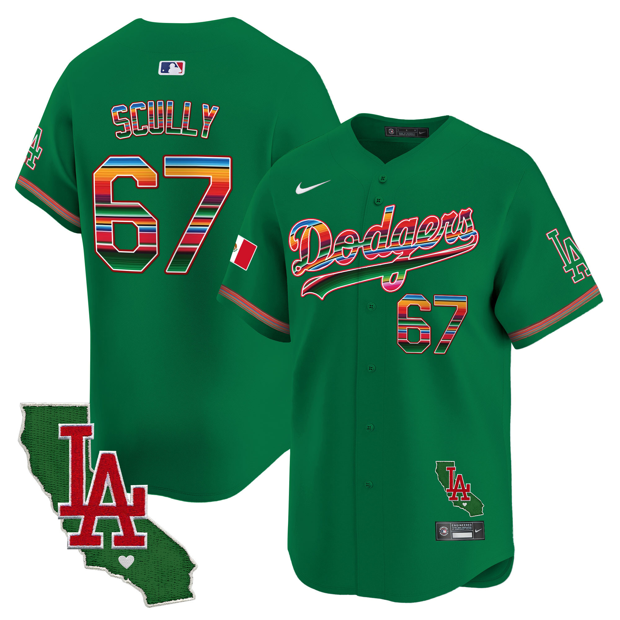 Vin Scully Men's Los Angeles Dodgers Mexico California Patch Vapor Premier Limited Green Jersey - All Stitched