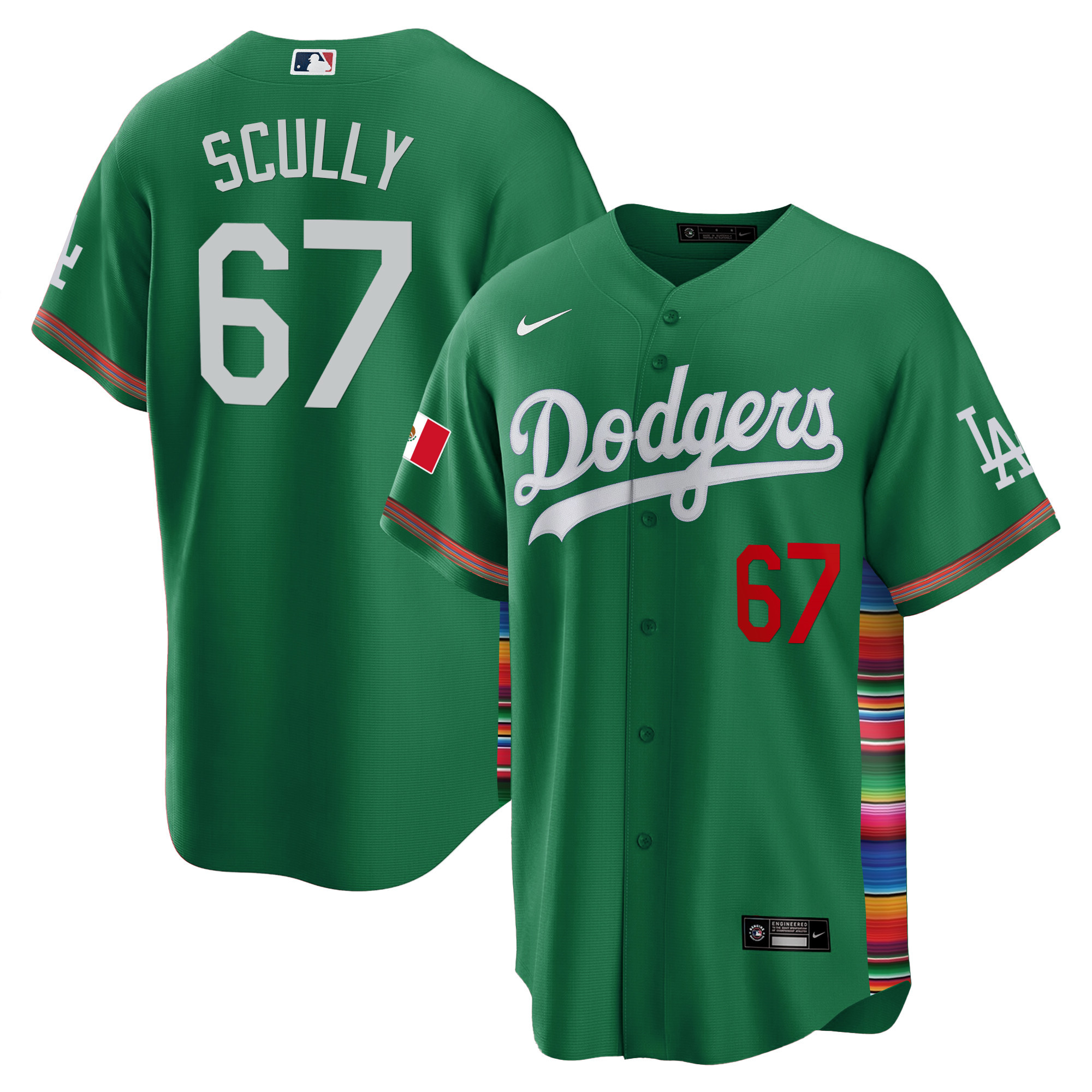 Vin Scully Men's Los Angeles Dodgers Mexico Cool Base Limited V2 Green Jersey - All Stitched