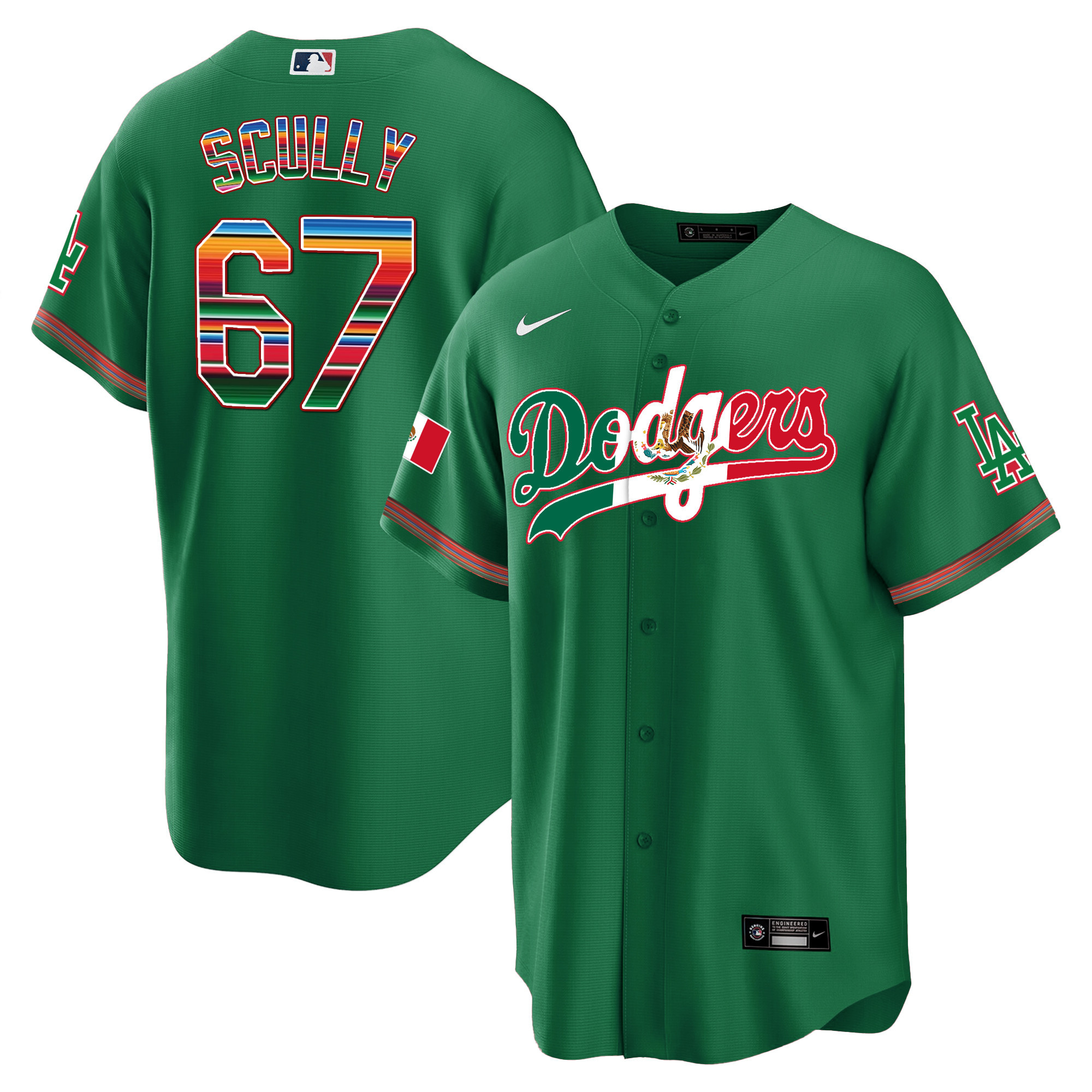 Vin Scully Men's Los Angeles Dodgers Mexico Cool Base Limited V4 Green Jersey - All Stitched