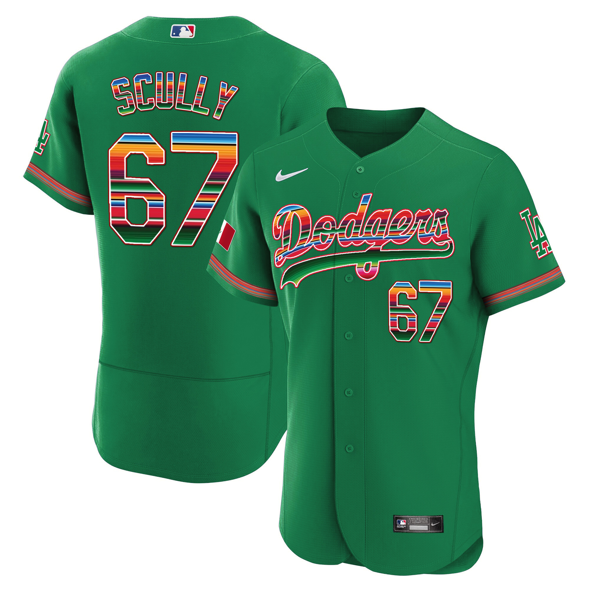 Vin Scully Men's Los Angeles Dodgers Mexico Flex Base Limited Green Jersey - All Stitched